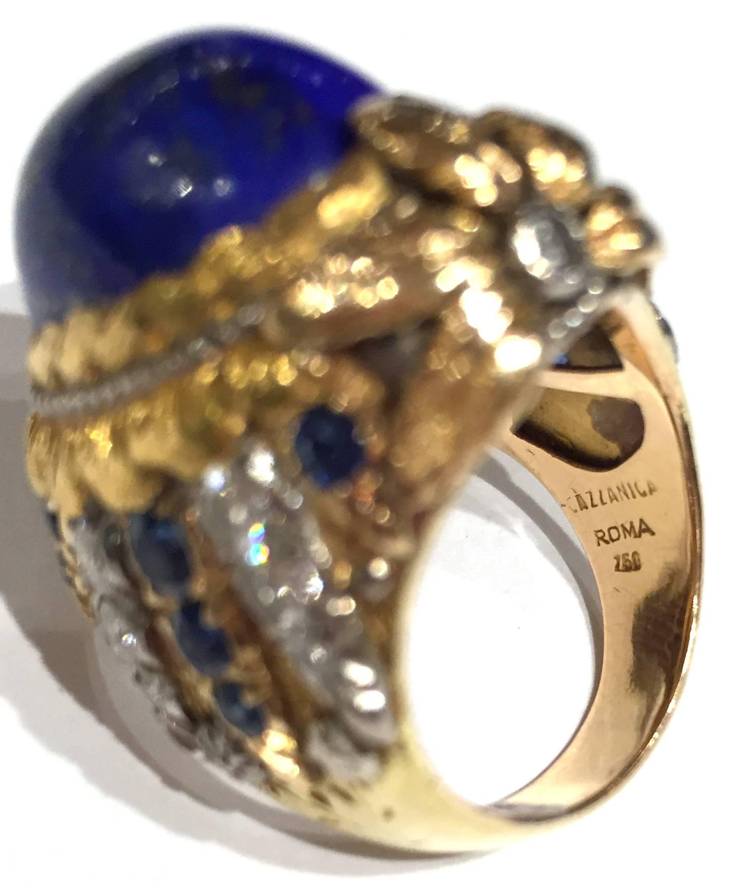Cazzaniga Lapis Diamond Sapphire gold Ring  In Excellent Condition In New York, NY