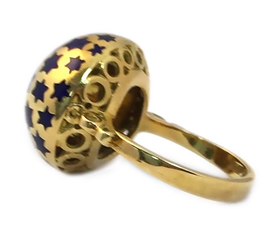 Chic Blue Enamel Gold dome RIng  In Good Condition In New York, NY
