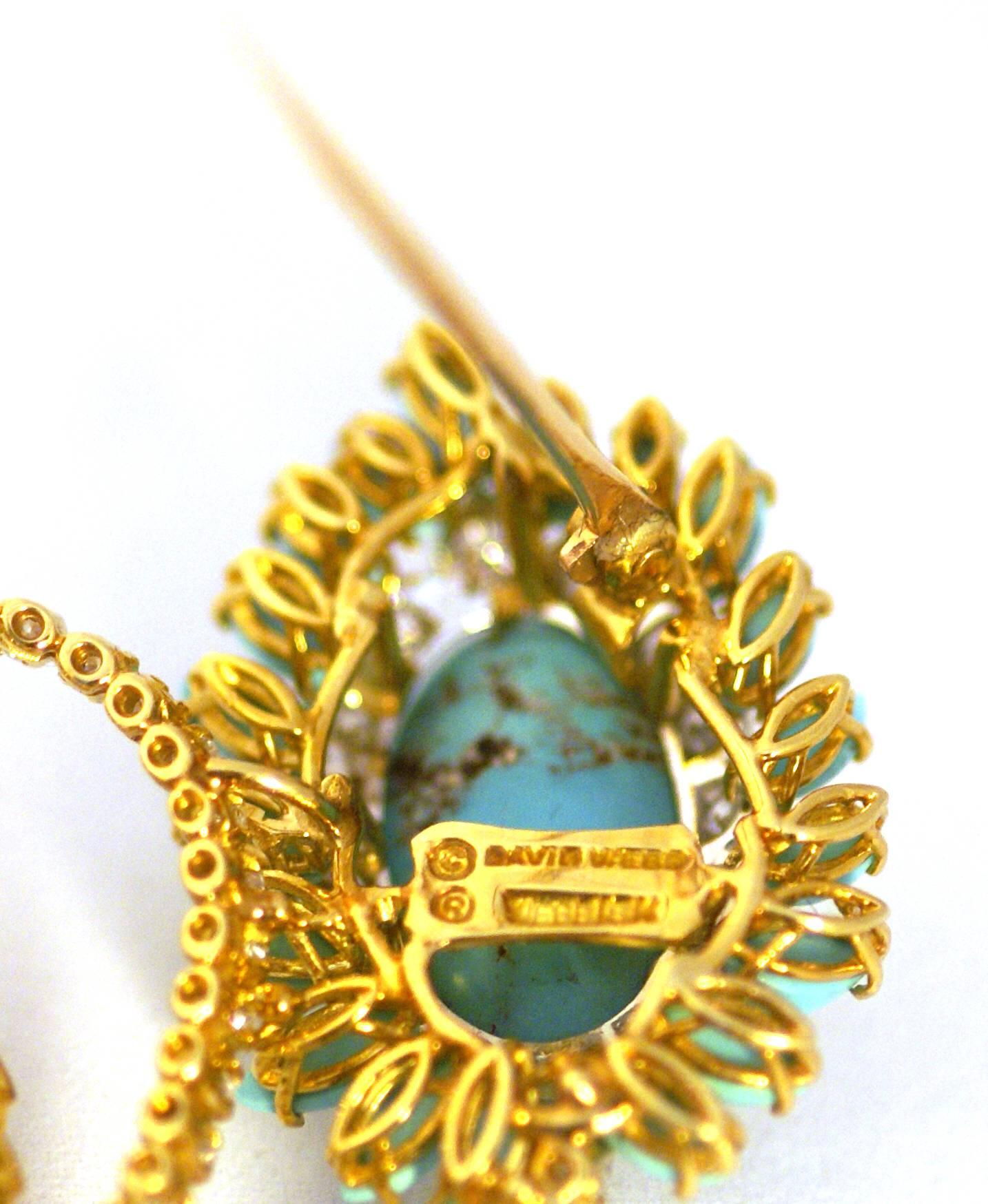 David Webb Turquoise Diamond Gold Flower Brooch In Excellent Condition In New York, NY