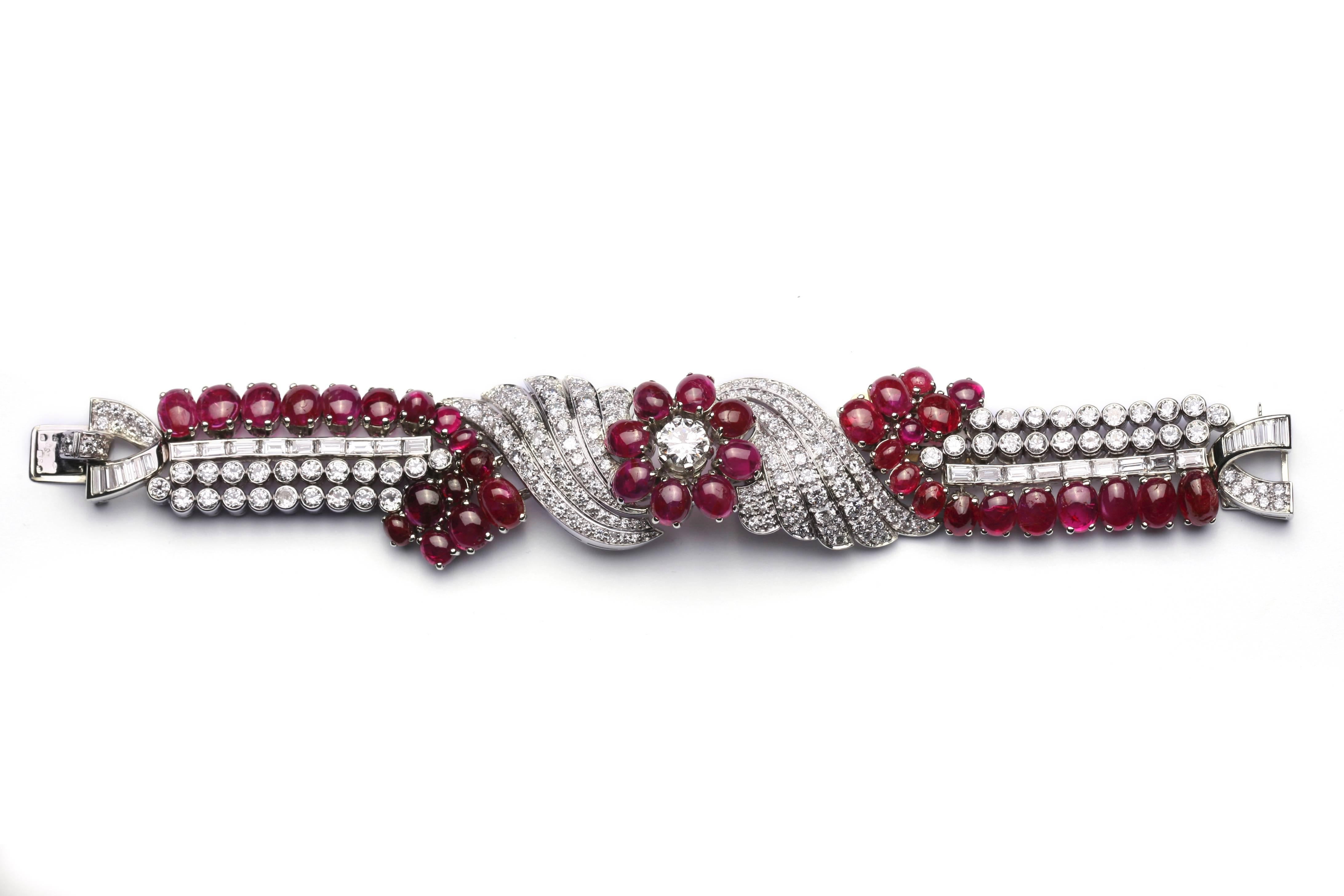An important burmese cabochon ruby and diamond bracelet, mounted on 18kt white gold, circa 1950. 