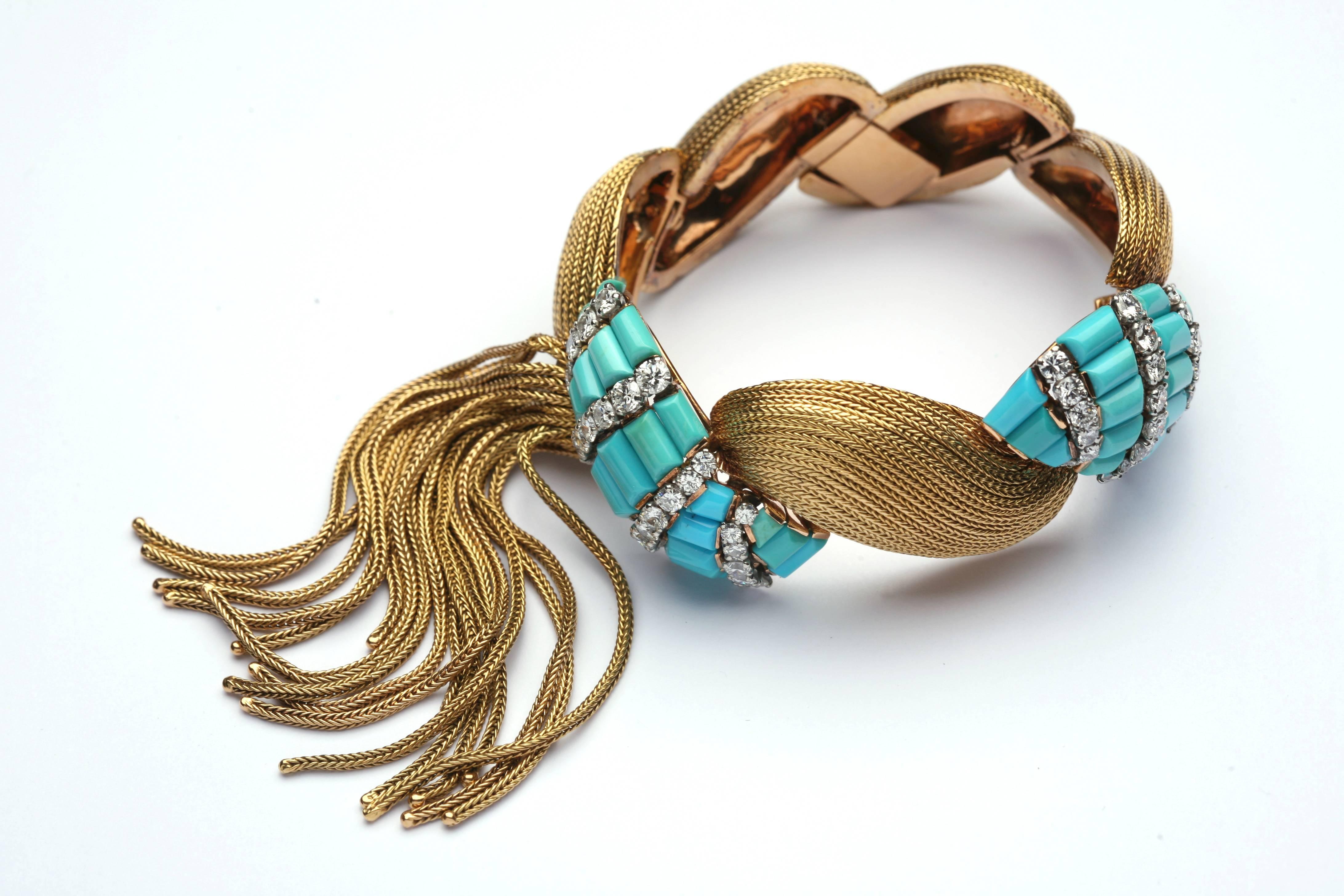 Retro Turquoise Diamond Gold Bracelet  In Excellent Condition In New York, NY