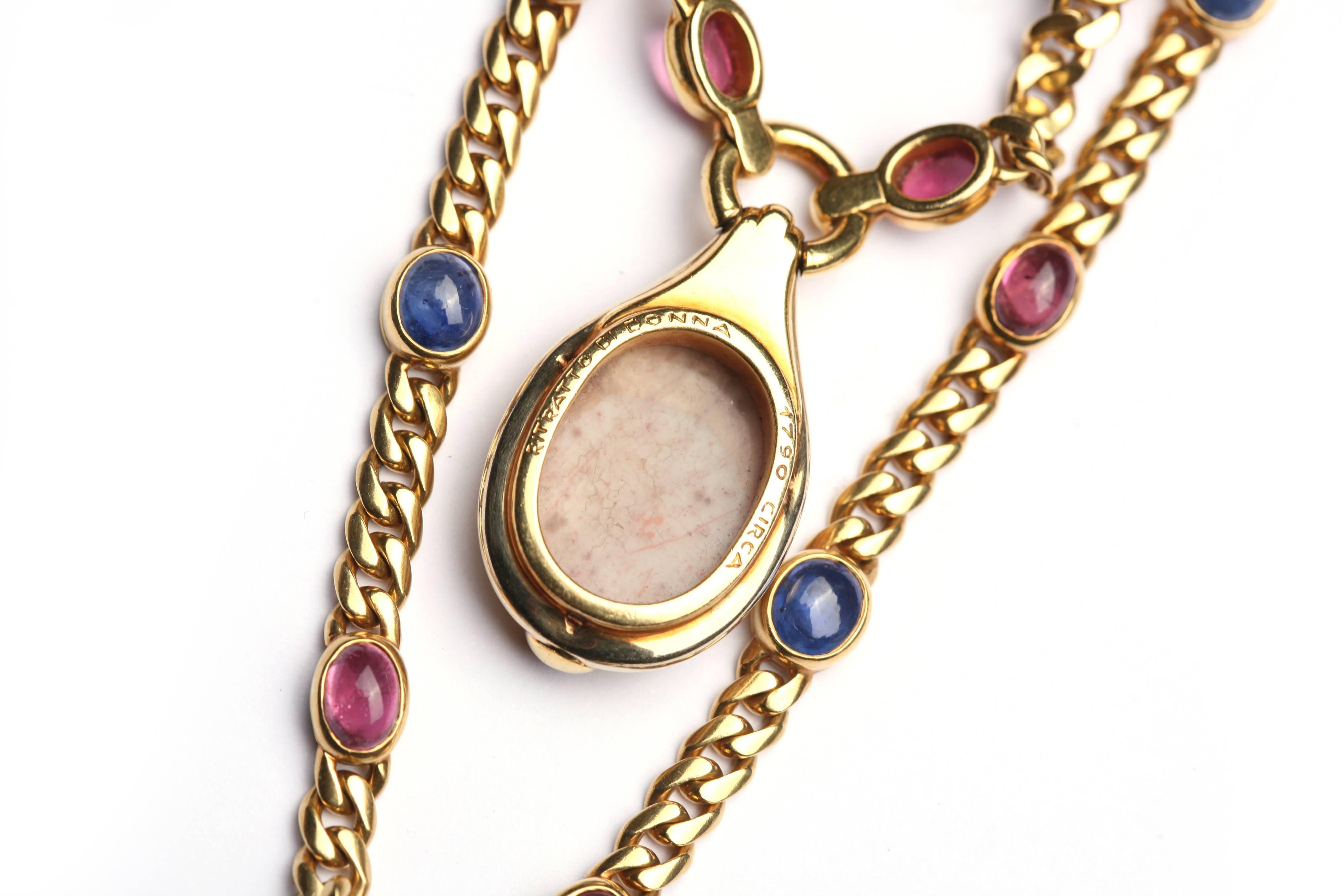 1970s Bulgari Cameo Agate Blue Topaz Tourmaline Gold Chain Necklace In Excellent Condition In New York, NY