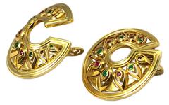 Cartier Ruby Emerald Gold Medallion Ear-Clips