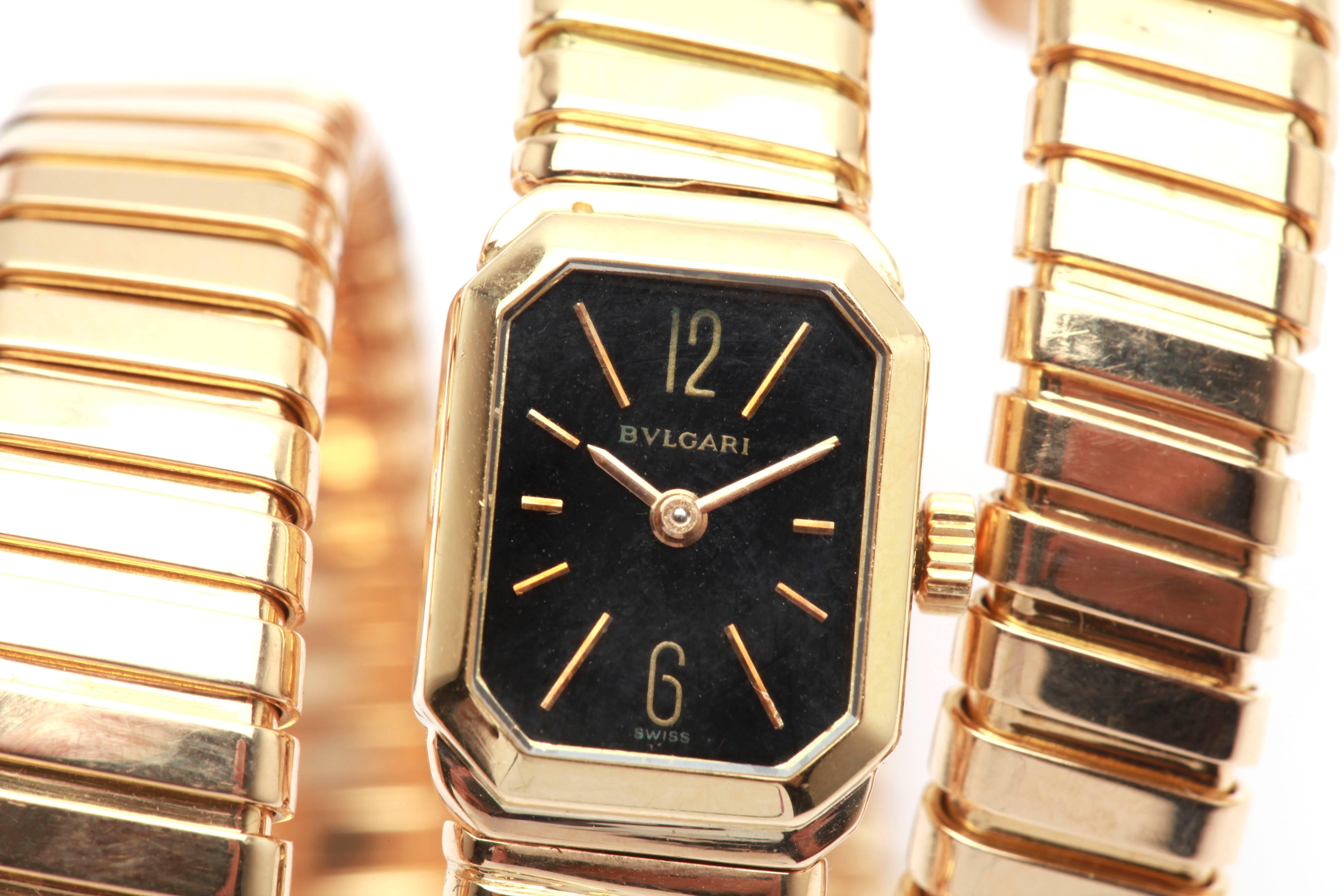 Women's Bulgari Lady's Yellow Gold Black Dial Tubogas Bracelet Wristwatch