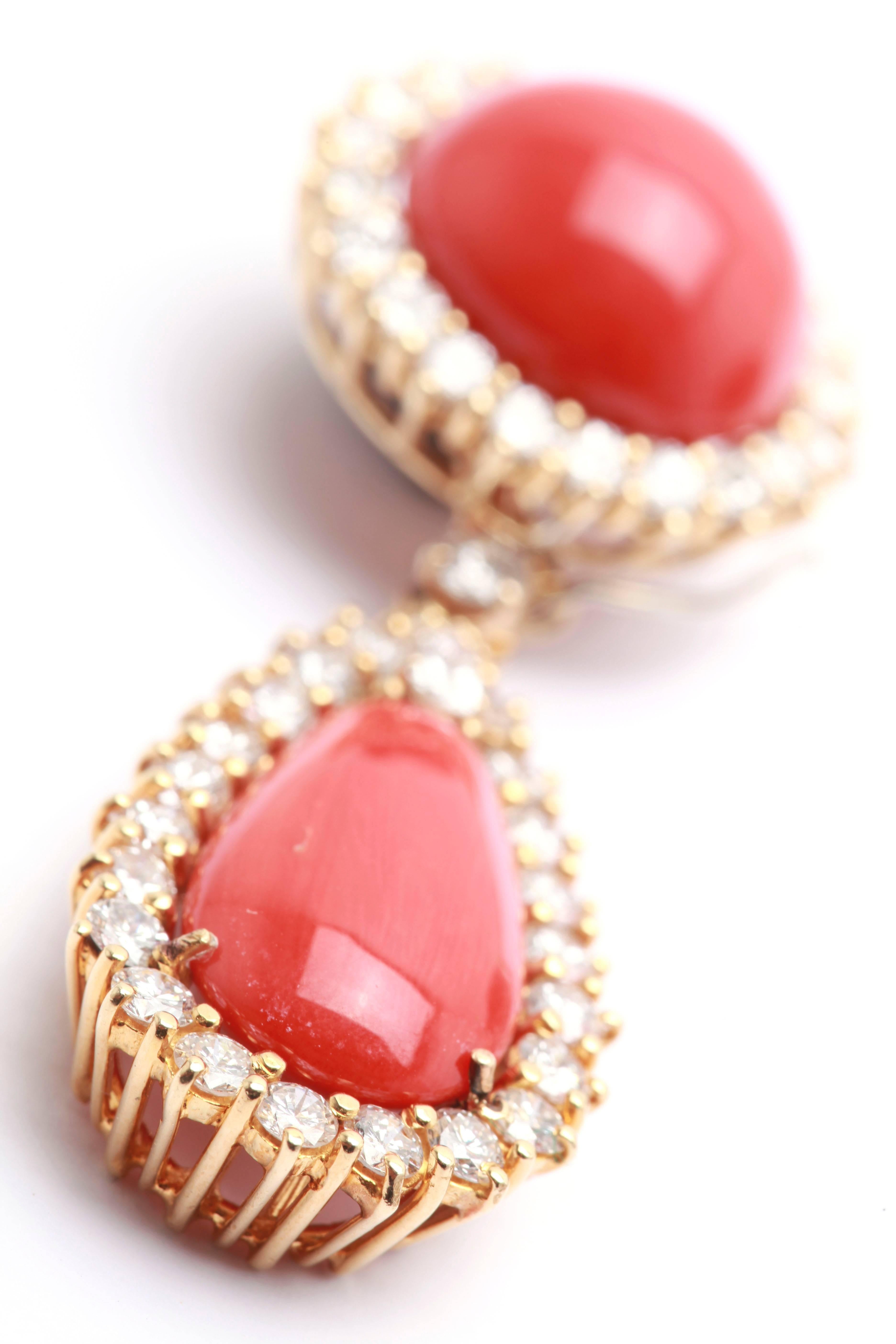 Coral Diamond Ear Pendants  In Excellent Condition In New York, NY