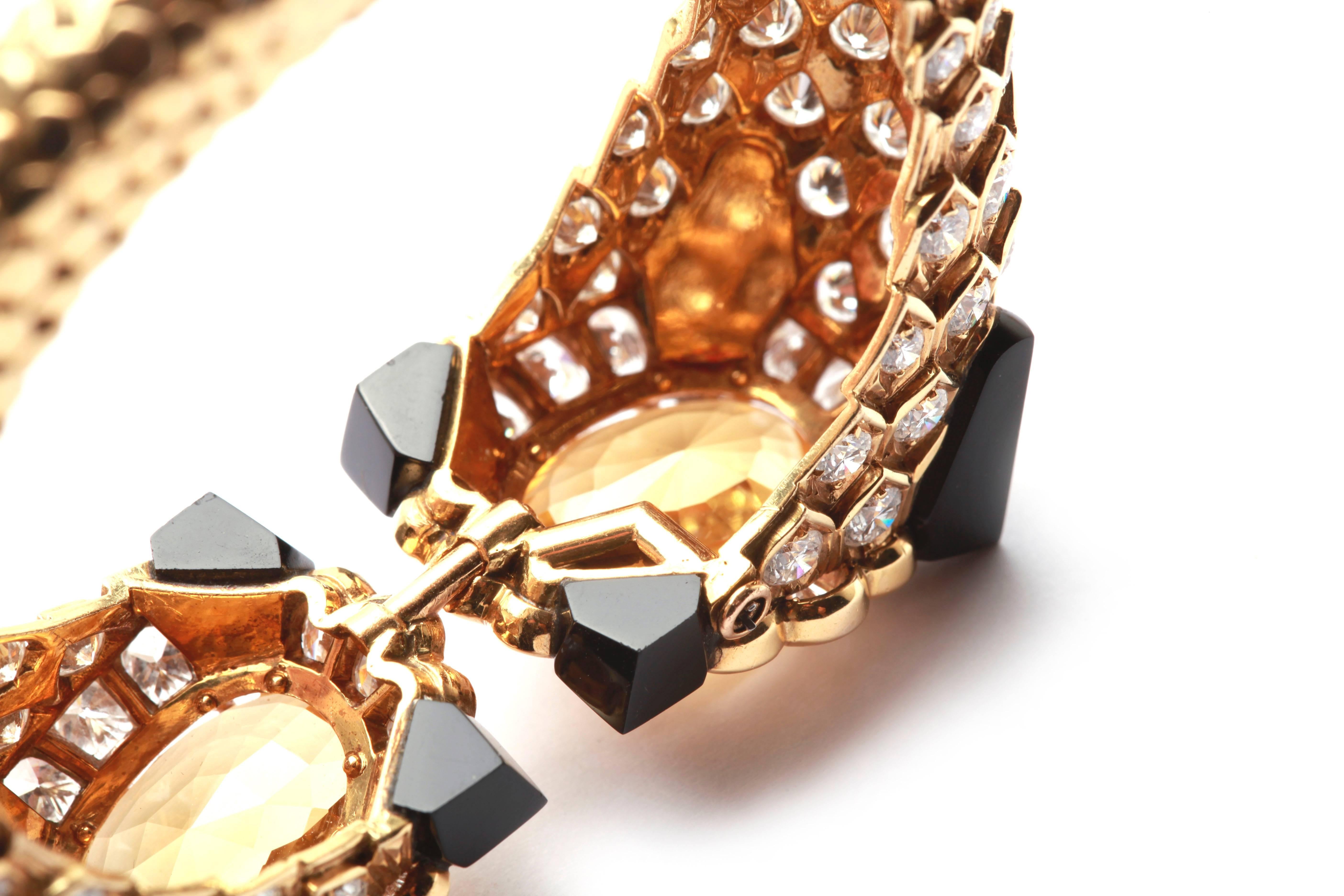 Superb 1970s Fred Paris  Onyx Sapphire Diamond Gold Cuff Bracelet 2