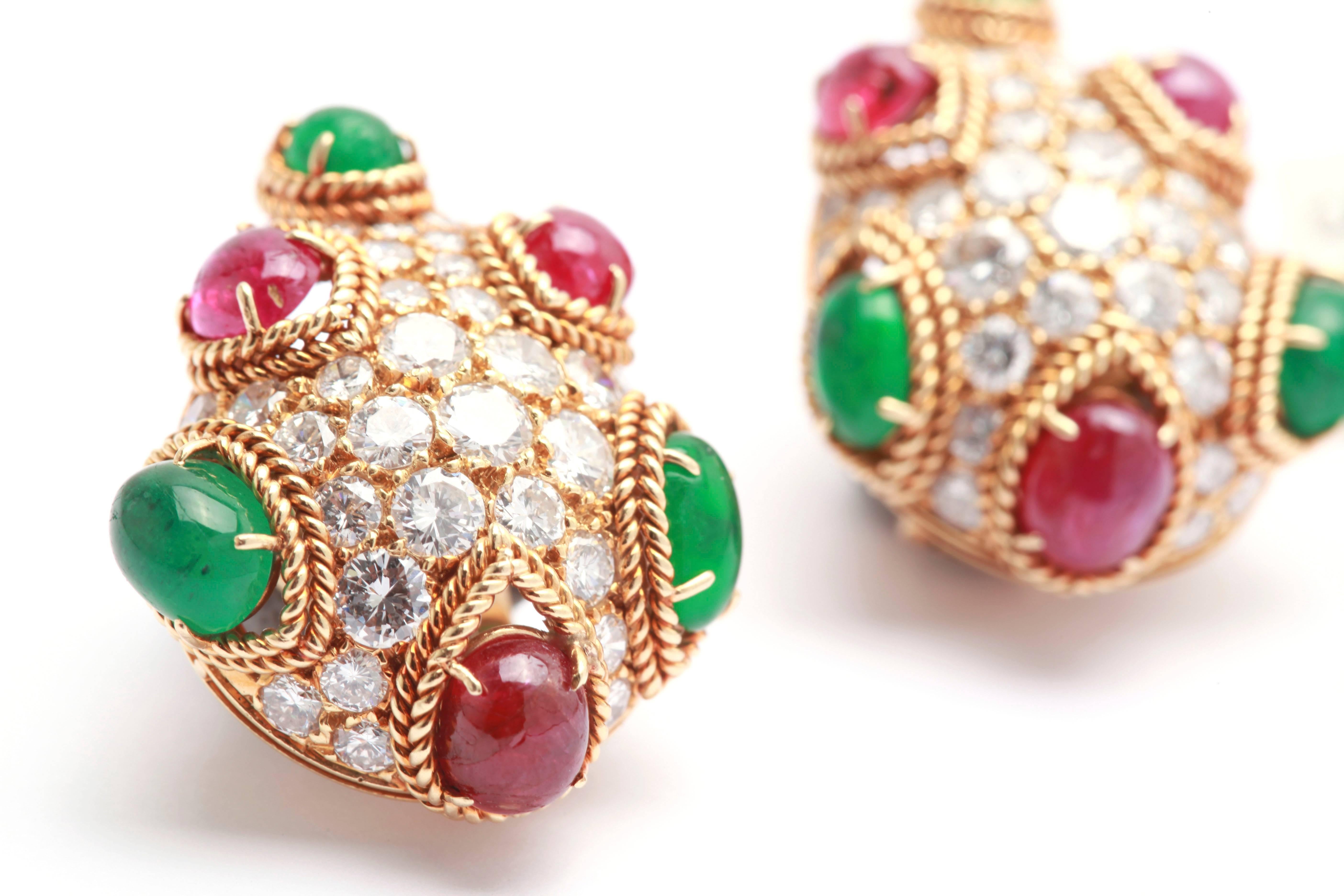 Women's Van Cleef & Arpels Emerald Ruby Diamond Gold Ear Clips For Sale