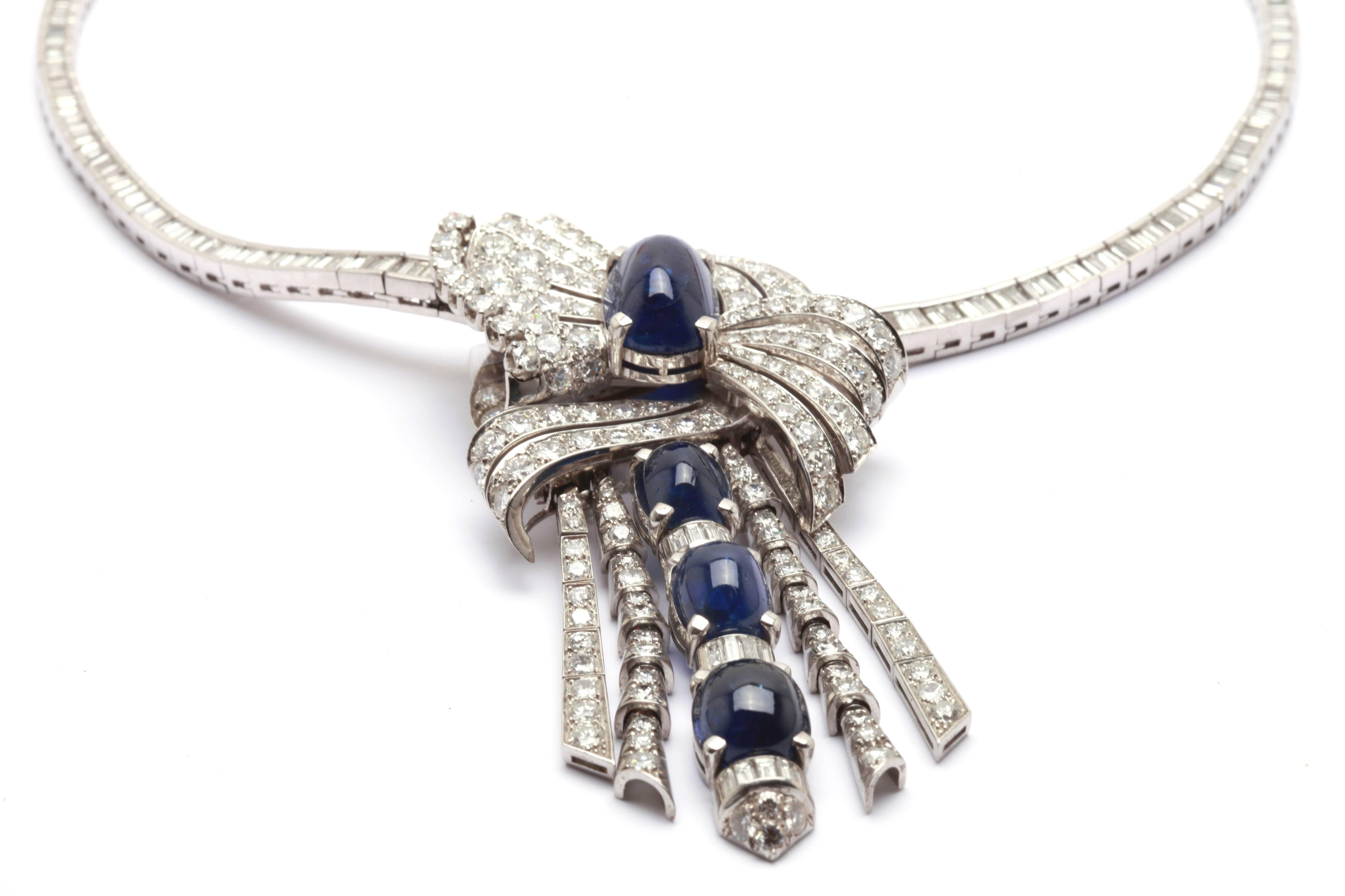 An important cabochon Sapphire & Diamond drop necklace, the centerpiece being detachable to be worn as a brooch. Made in France, circa 1950.