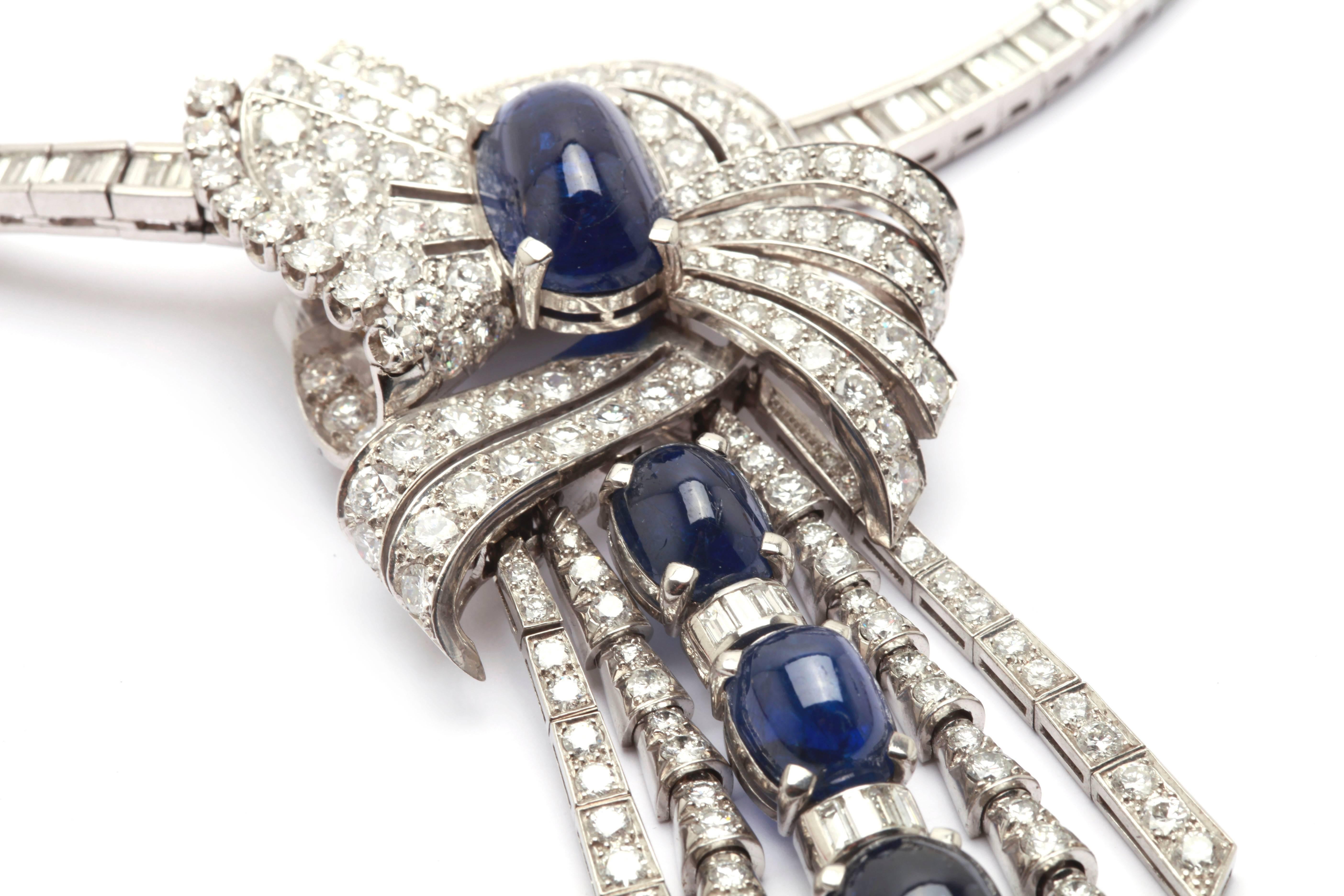 Round Cut 1950s Important Sapphire Diamond Drop Necklace  For Sale