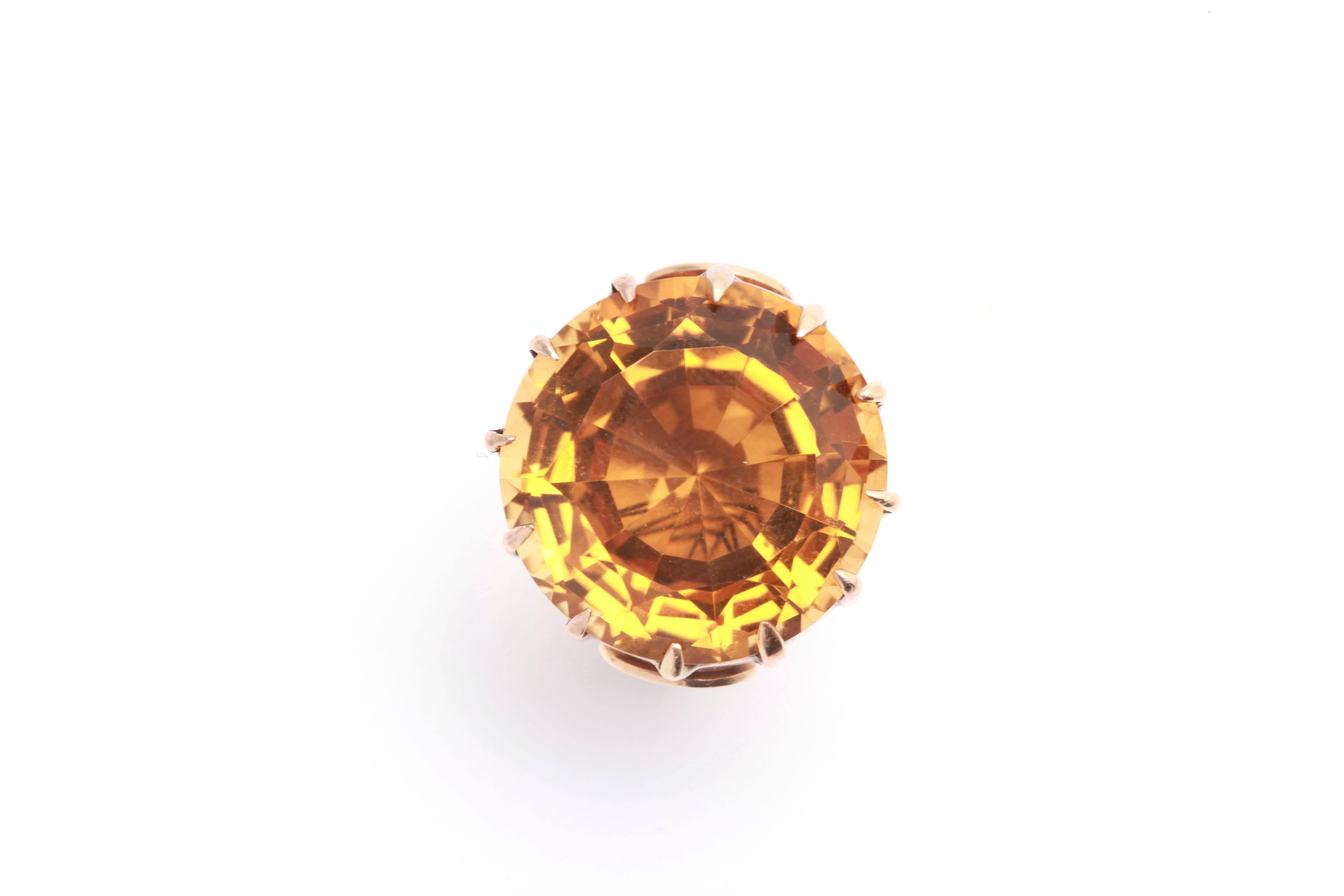 A fun large citrine retro cocktail ring, mounted on 14kt rose gold. Circa 1940

