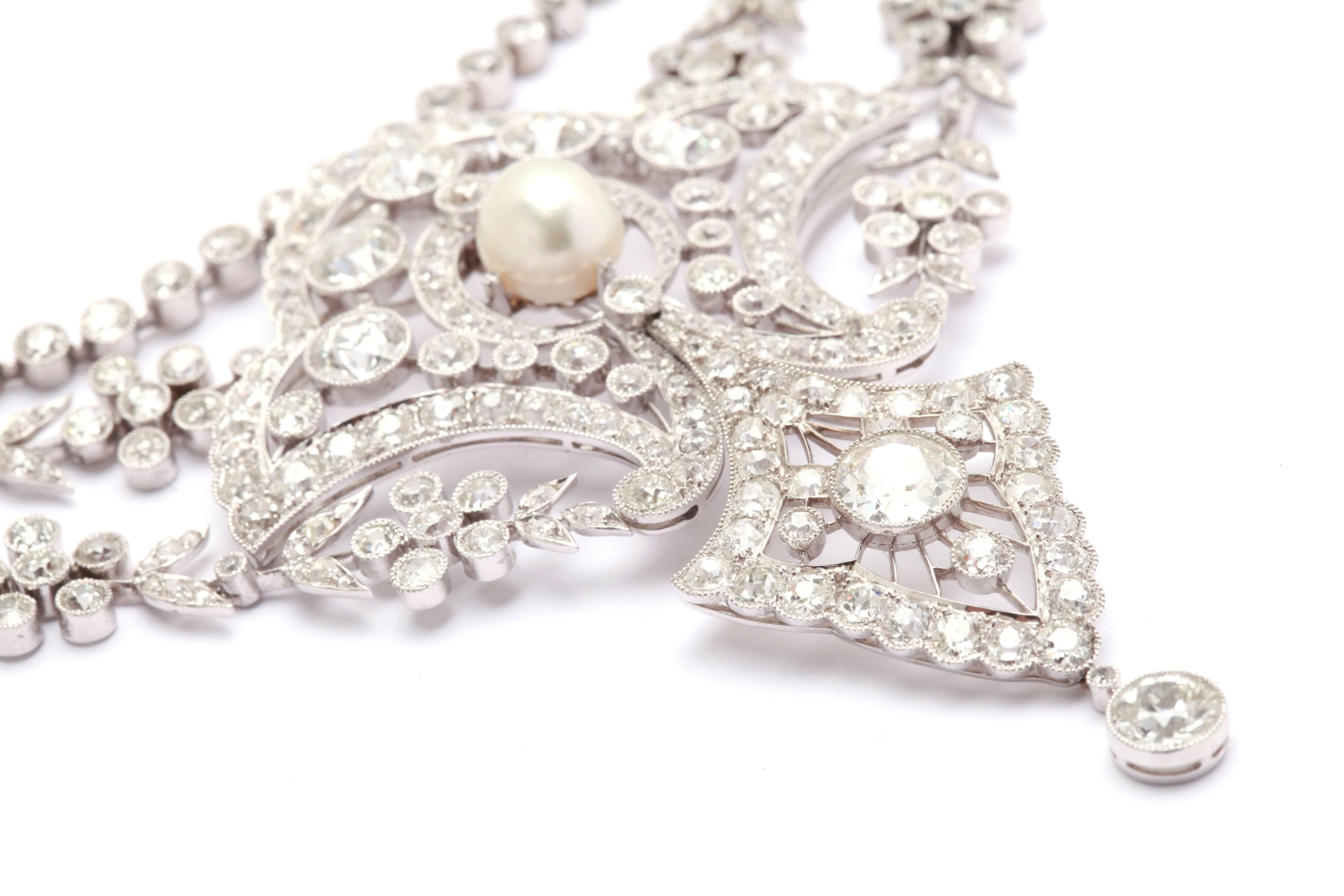 Belle Epoque Diamonds Natural Pearls Necklace  In Excellent Condition In New York, NY