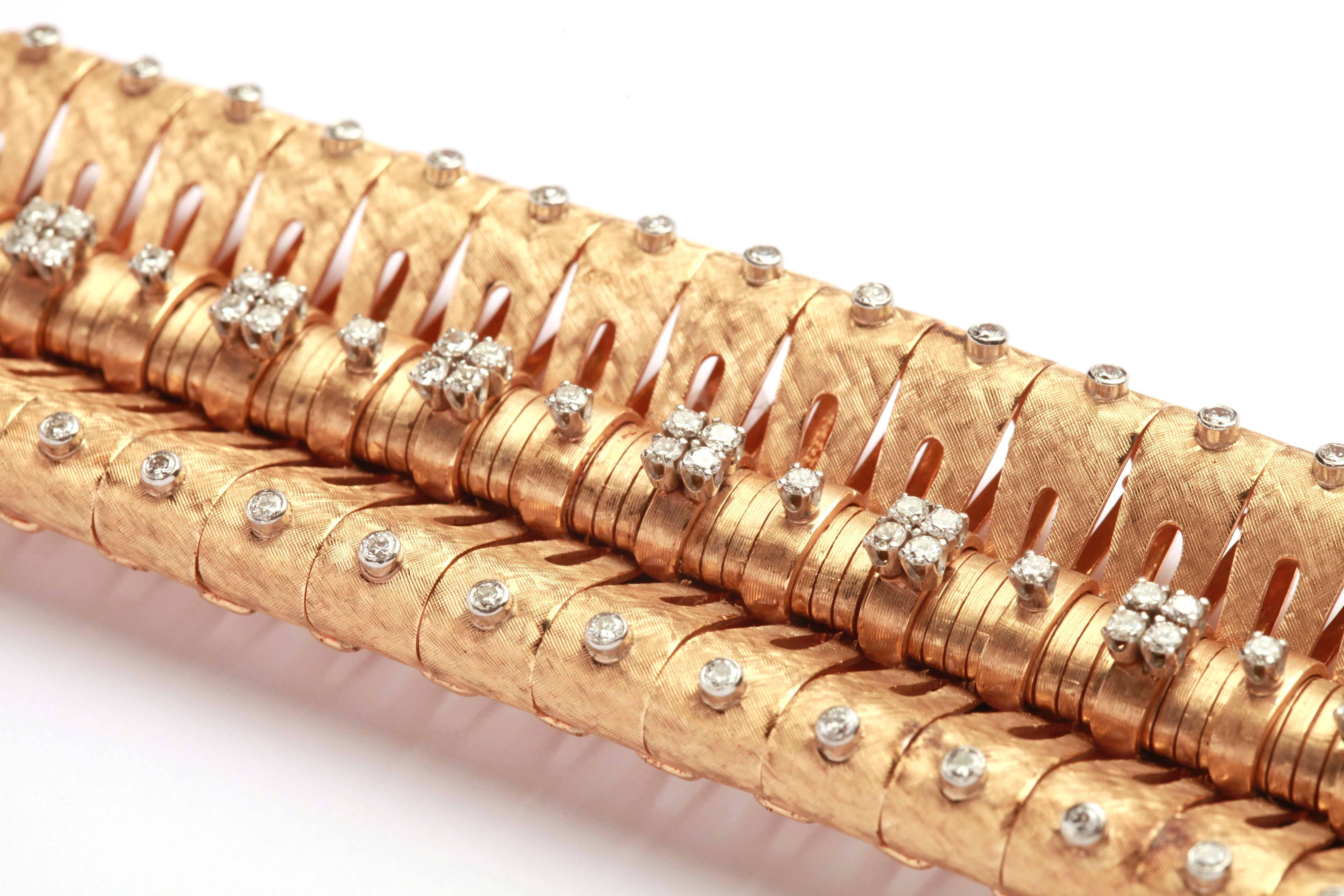 An impressive and flexible retro gold and diamond (approx. 6cts) bracelet. Made in Italy, circa 1955. 