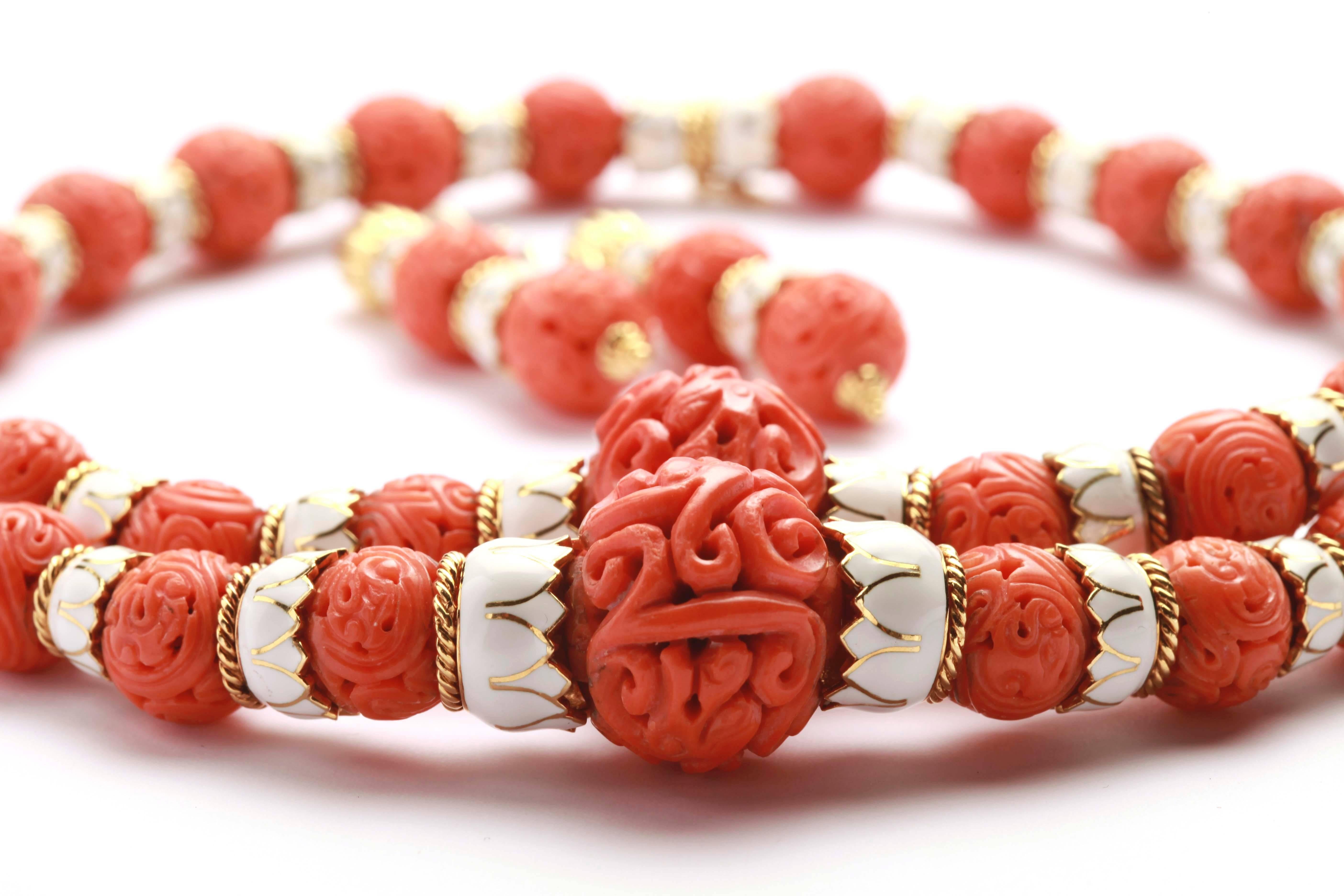 Bead 1970s David Webb Coral Enamel Gold Set  For Sale