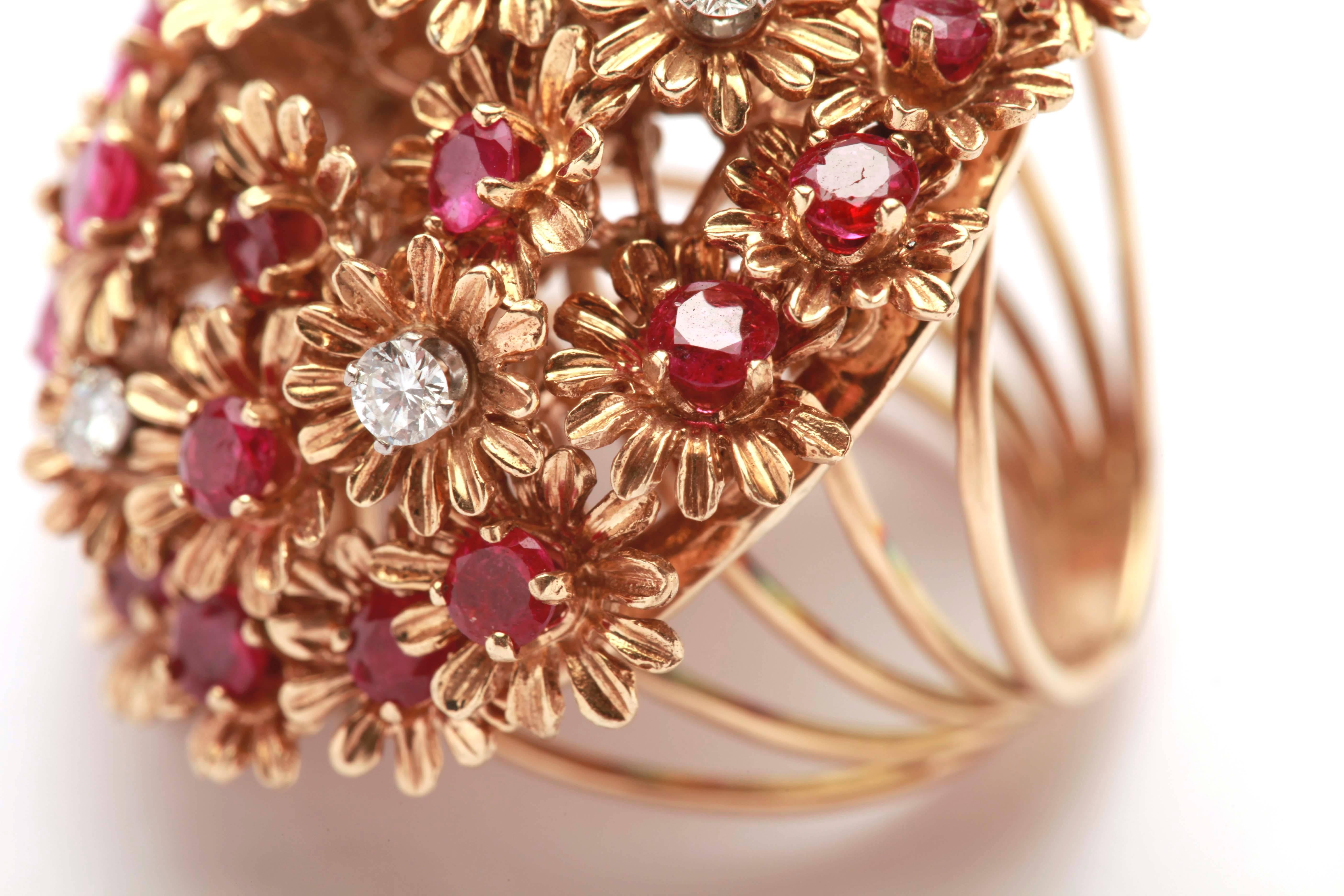1960s Ruby Diamond Gold Floral Ring  In Excellent Condition In New York, NY