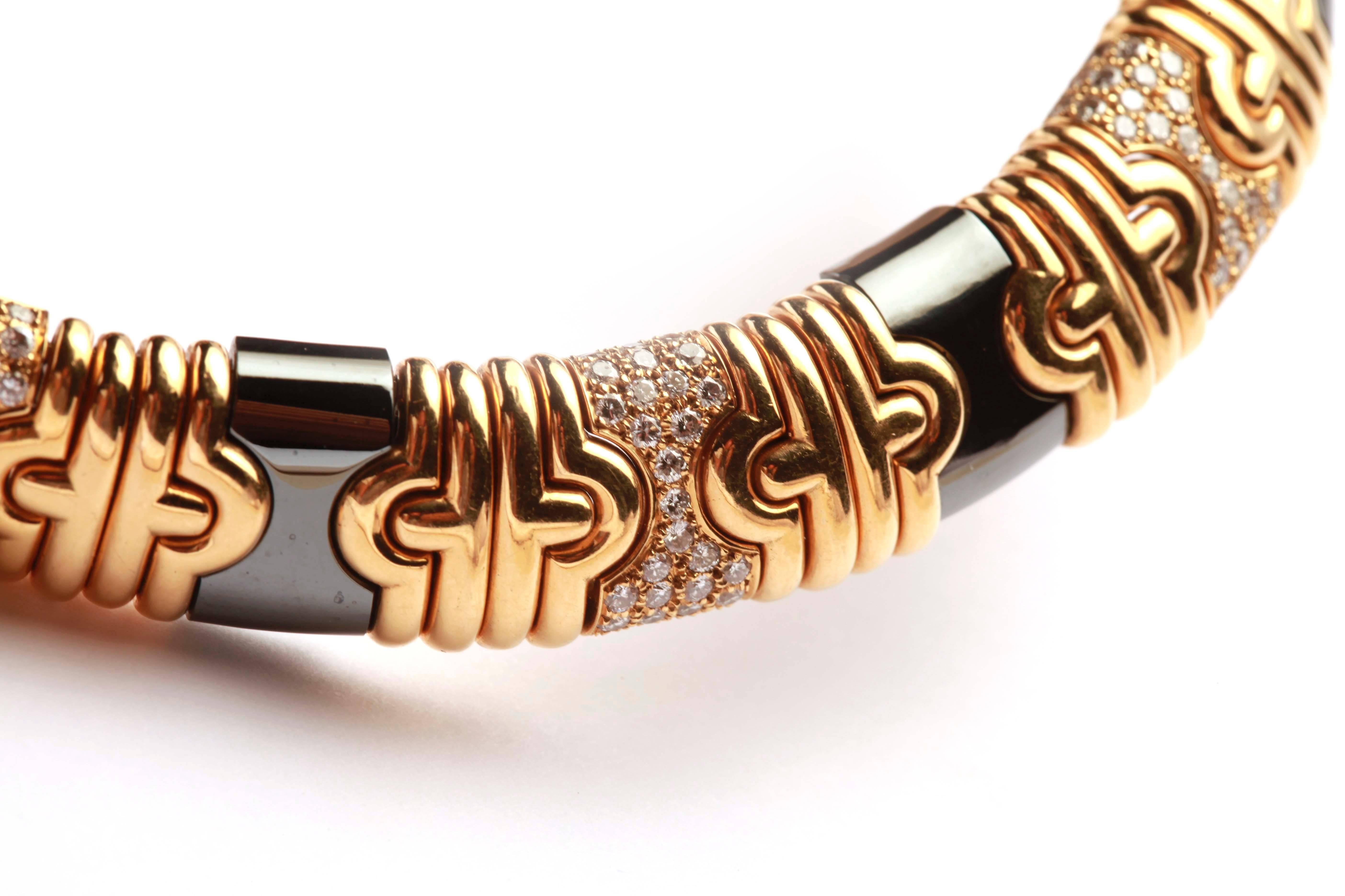 1980s Bulgari Hematite Pave Diamond Gold Parenthesis Necklace  In Excellent Condition In New York, NY