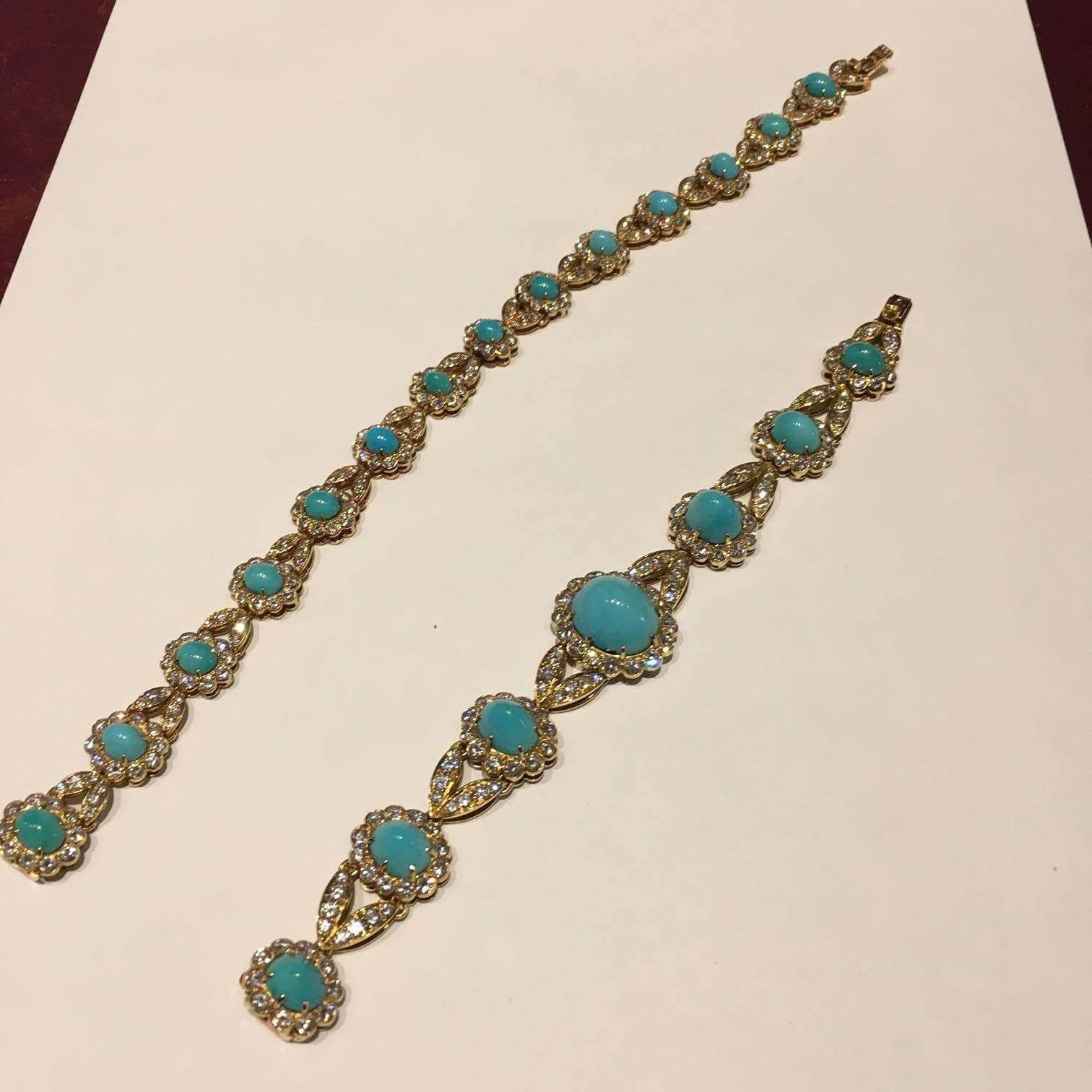 An important and iconic set by Van Cleef & Arpels, comprising necklace and ear-pendants, with fine Persian Turquoise and diamonds. The necklace is detachable to be worn as a bracelet. Made in France, circa 1960s.