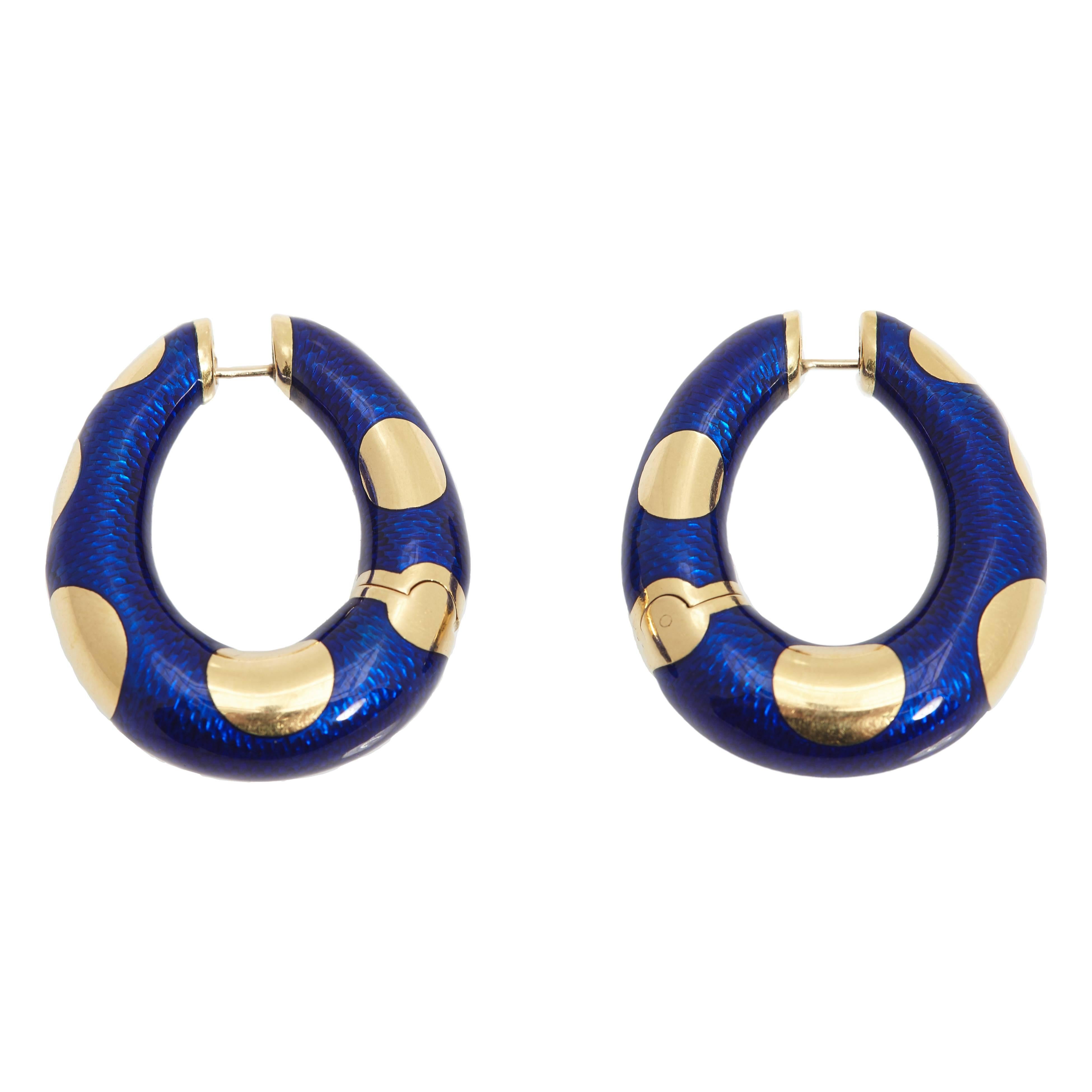 Bulgari Blue Enamel and Gold Hoop Earrings