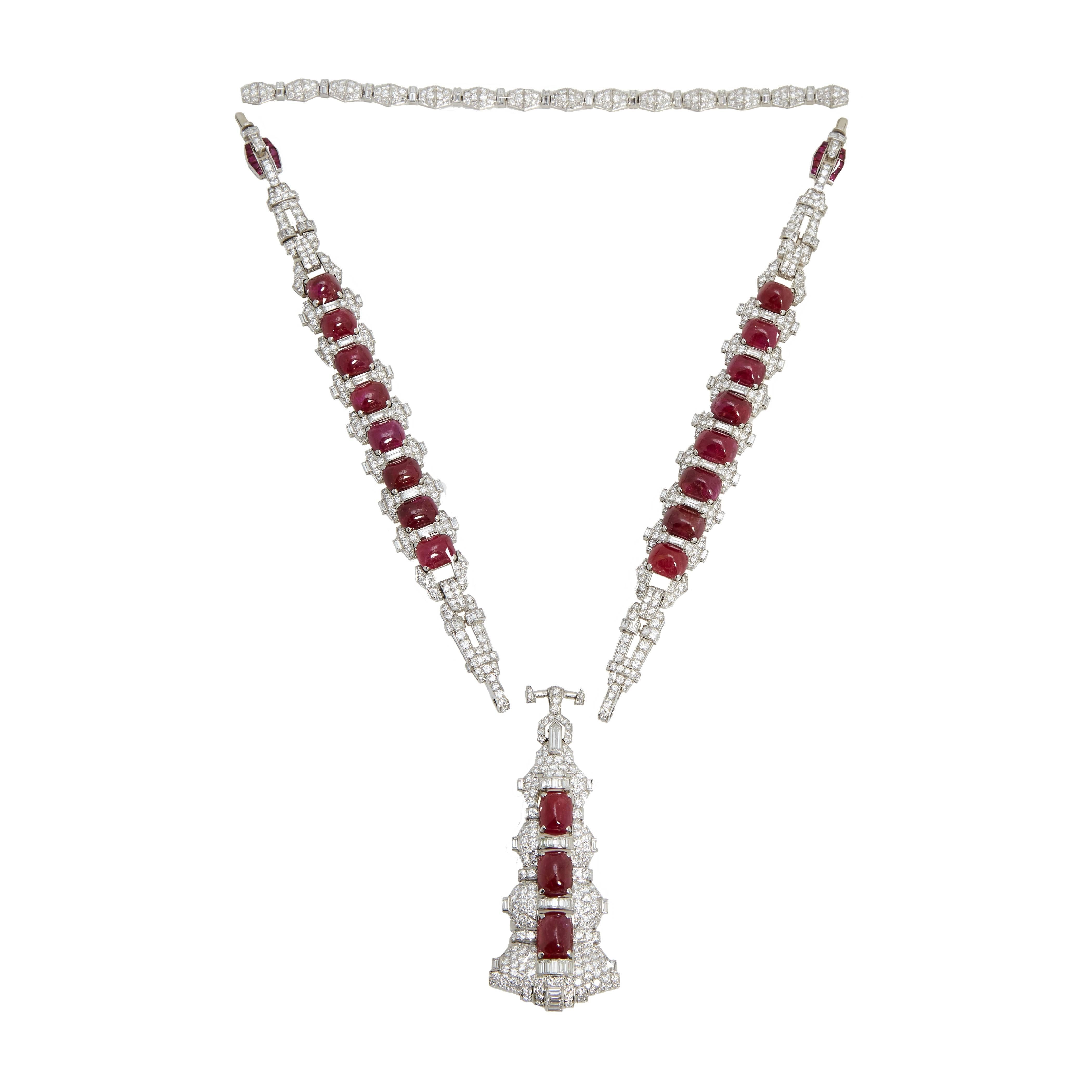 A Magnificent Art Deco Sautoir Necklace with diamonds (40 cts) and unheated Burmese cabochon rubies (110 cts), mounted on platinum. Impeccably detachable to convert into two bracelets and brooch. Made in Italy, circa 1925.