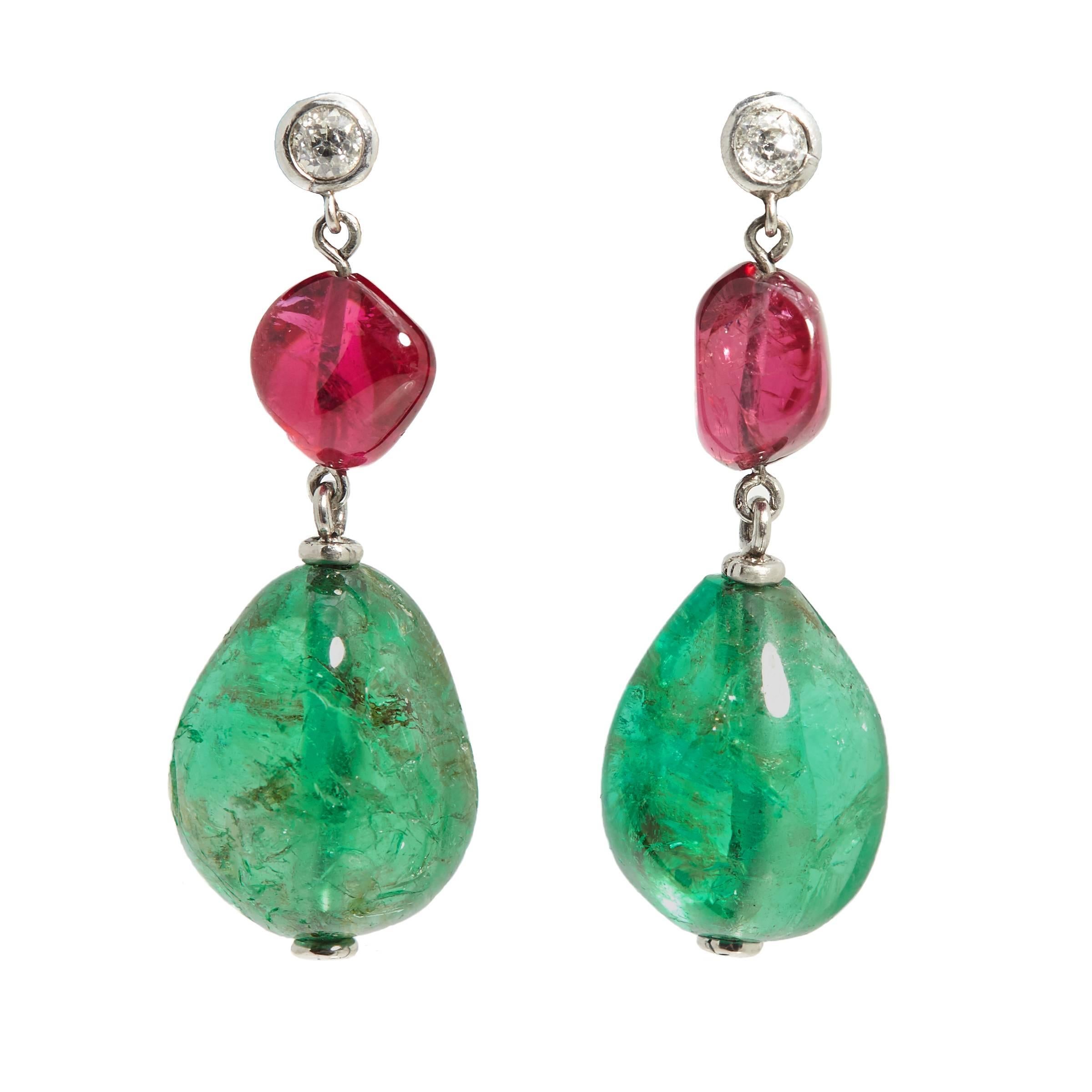 Important Colombian Emerald Red Spinel Diamond Ear Pendants For Sale