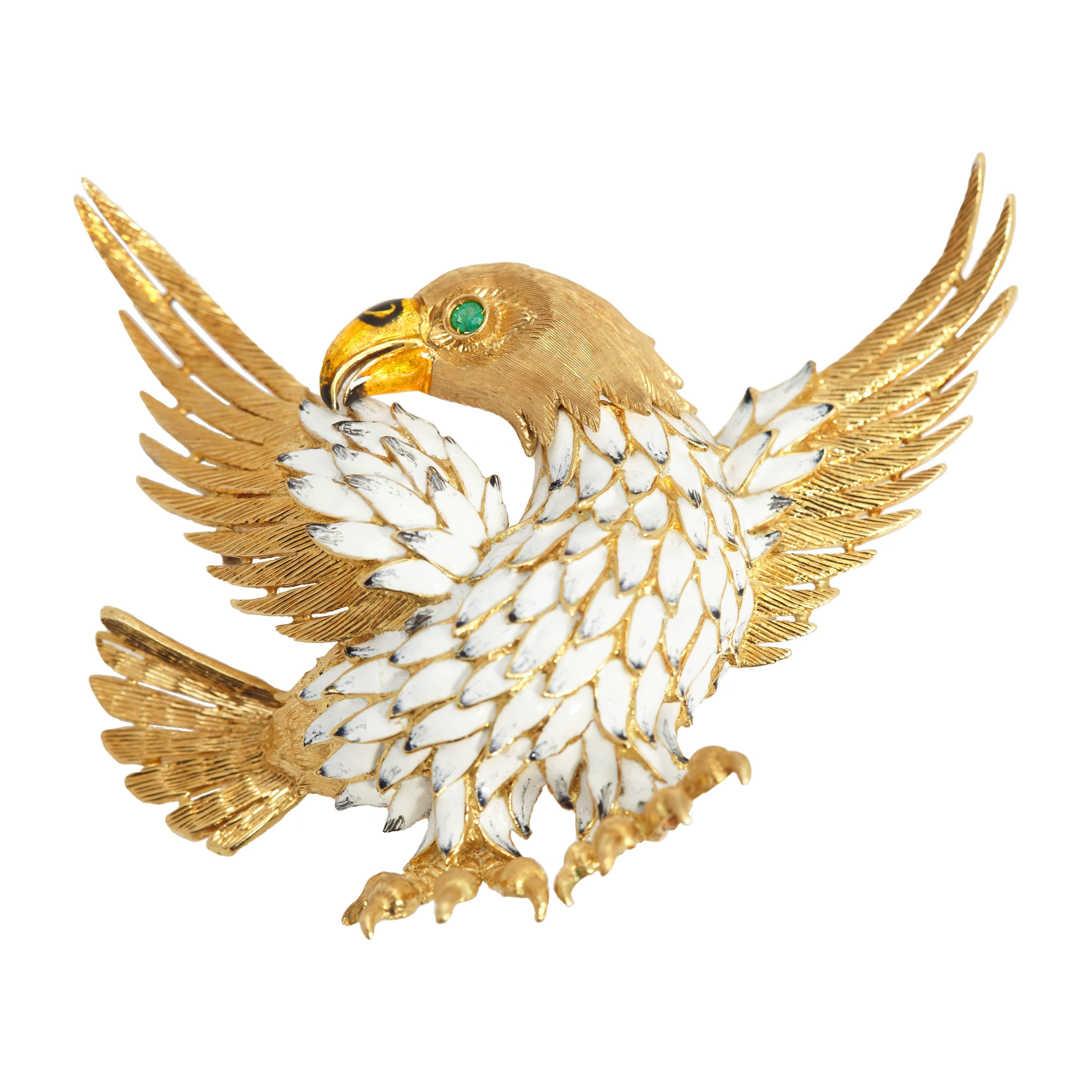 Enamel Gold Eagle Brooch For Sale