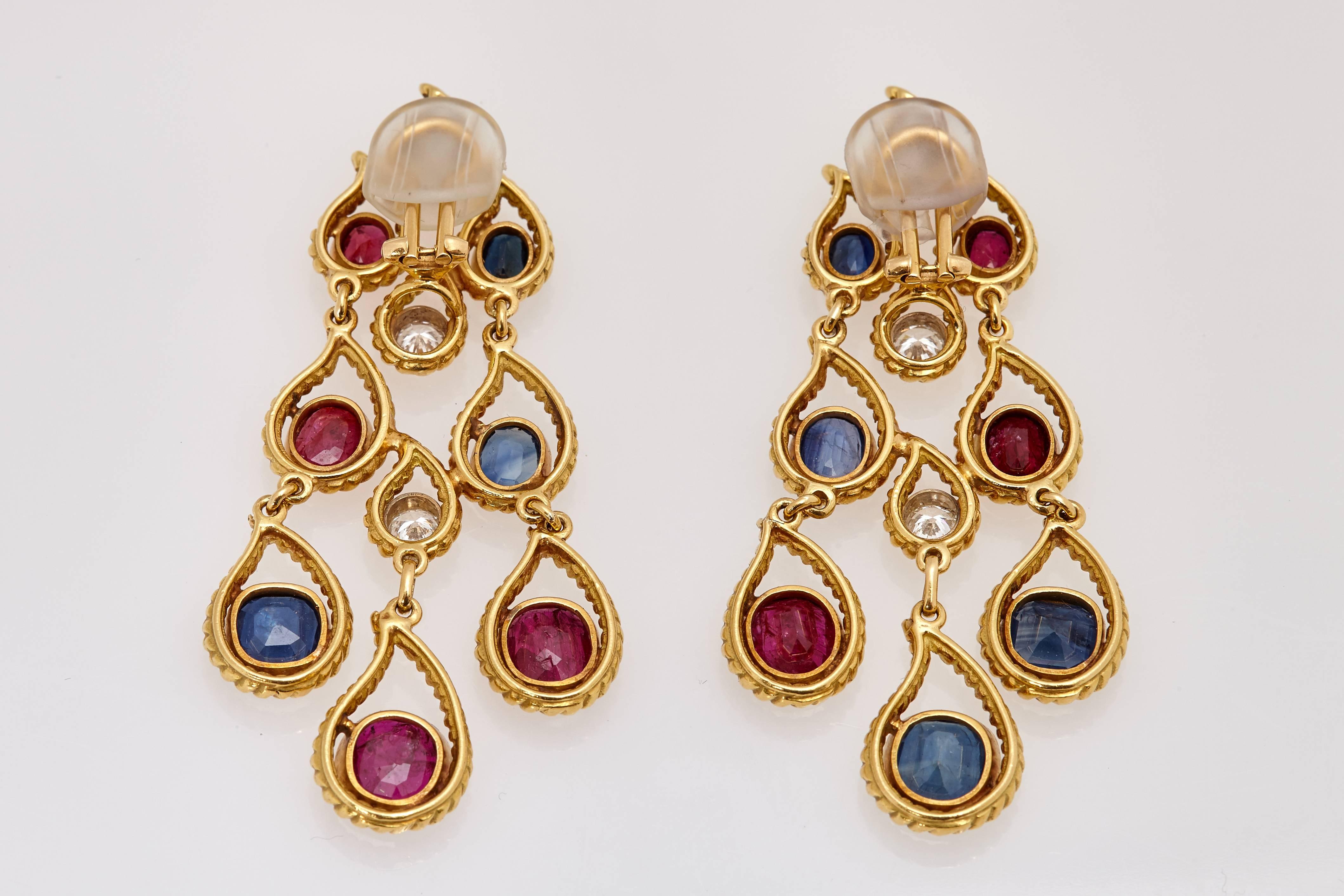 Ruby Sapphire Diamond Ear Pendants In Excellent Condition In New York, NY