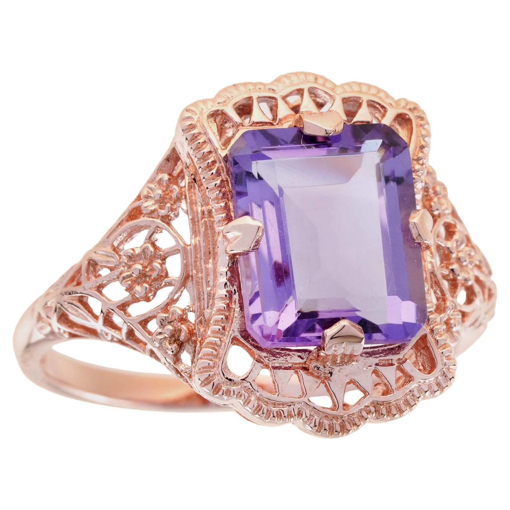 For Sale:  3.5 Ct. Amethyst Vintage Style Filigree Cocktail Ring in Solid 9K Rose Gold
