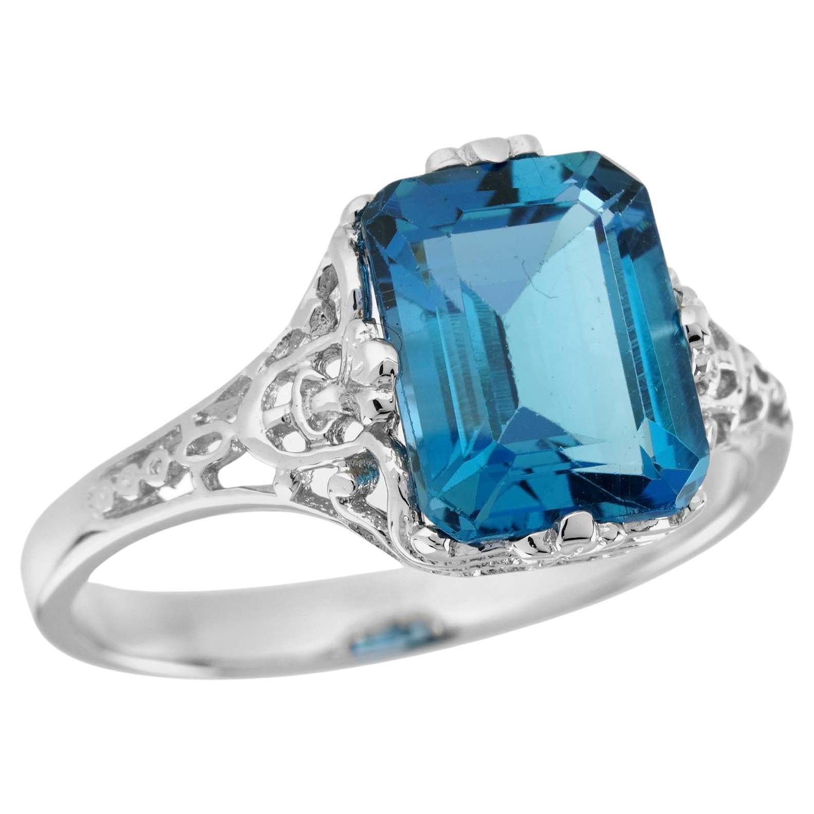 For Sale:  4.5 Ct. Natural London Blue Topaz Vintage Style Solitaire Ring in 9K White Gold
