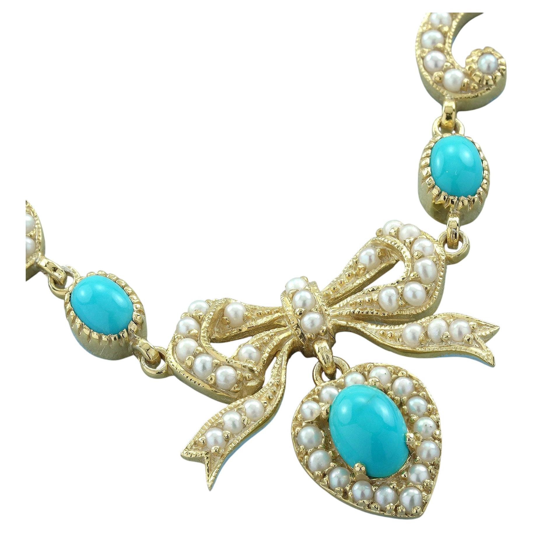 Türkis und Perle Edwardianischen Stil Schleife Halskette in 14K Gelb Gold