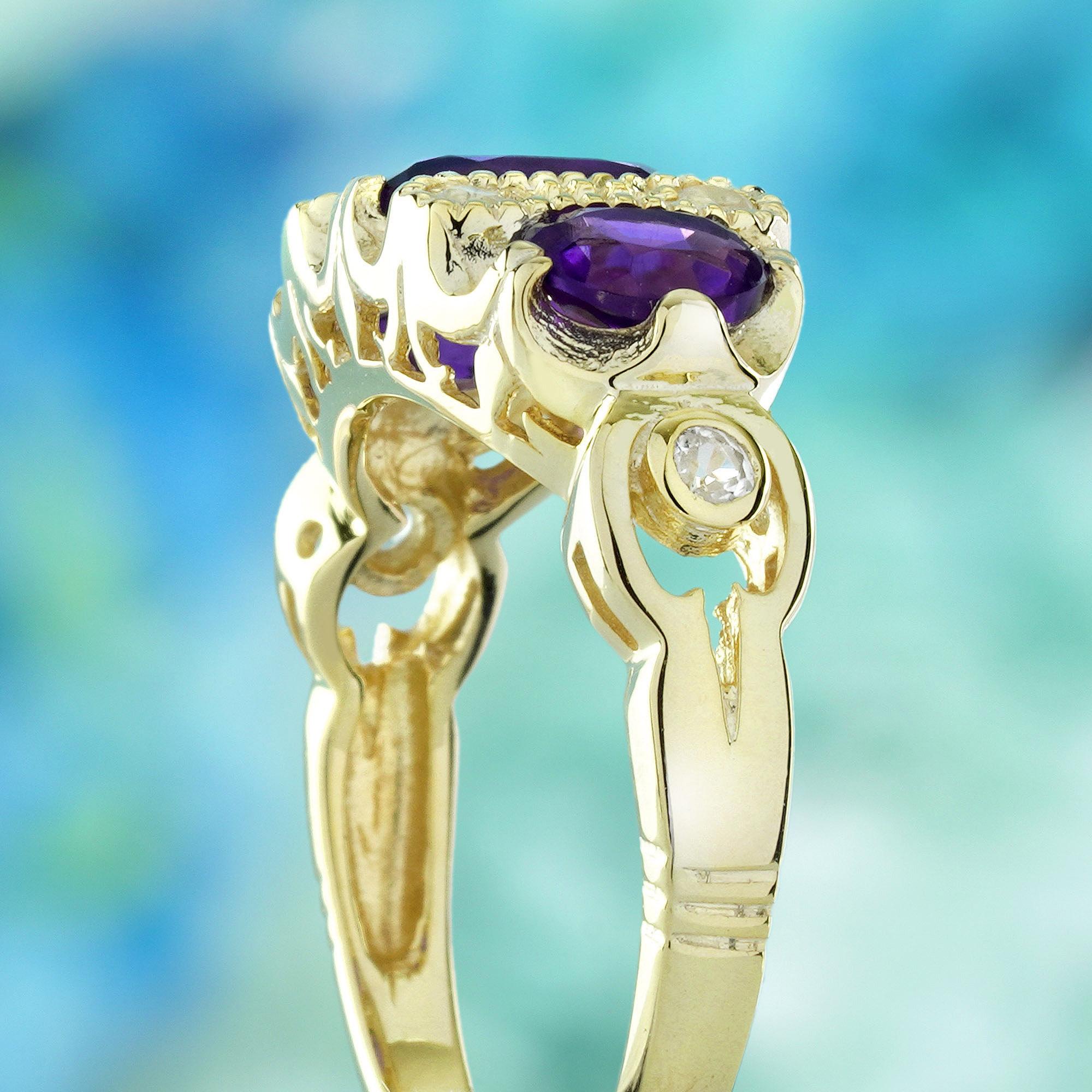 Améthyste et saphir blanc Bague de style vintage en or jaune 9K massif Pour femmes en vente