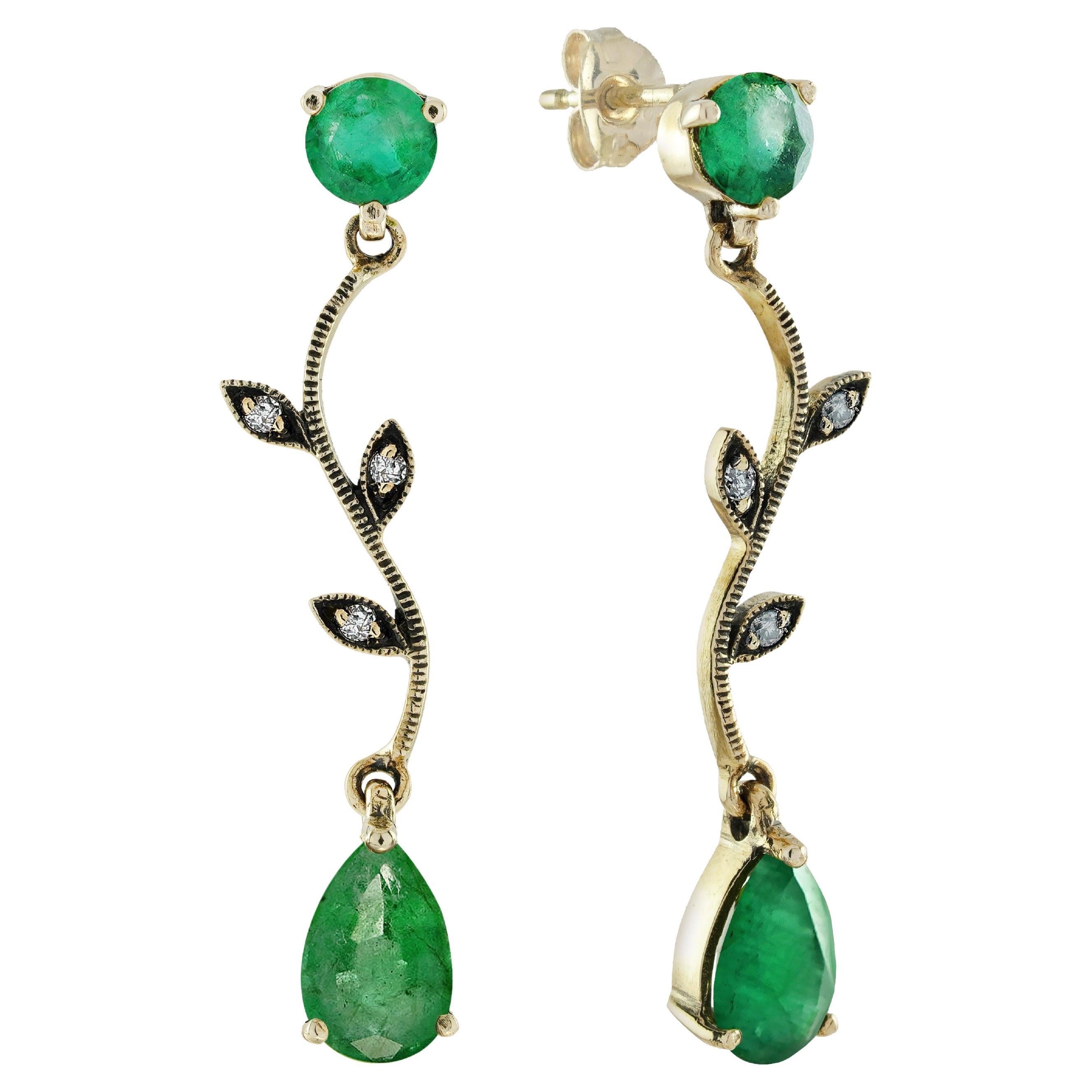 Orecchini a goccia in stile vintage con smeraldo e diamante in oro massiccio 9K