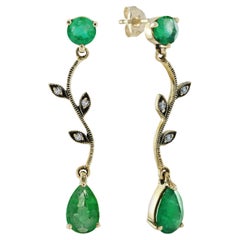 Orecchini a goccia in stile vintage con smeraldo e diamante in oro massiccio 9K