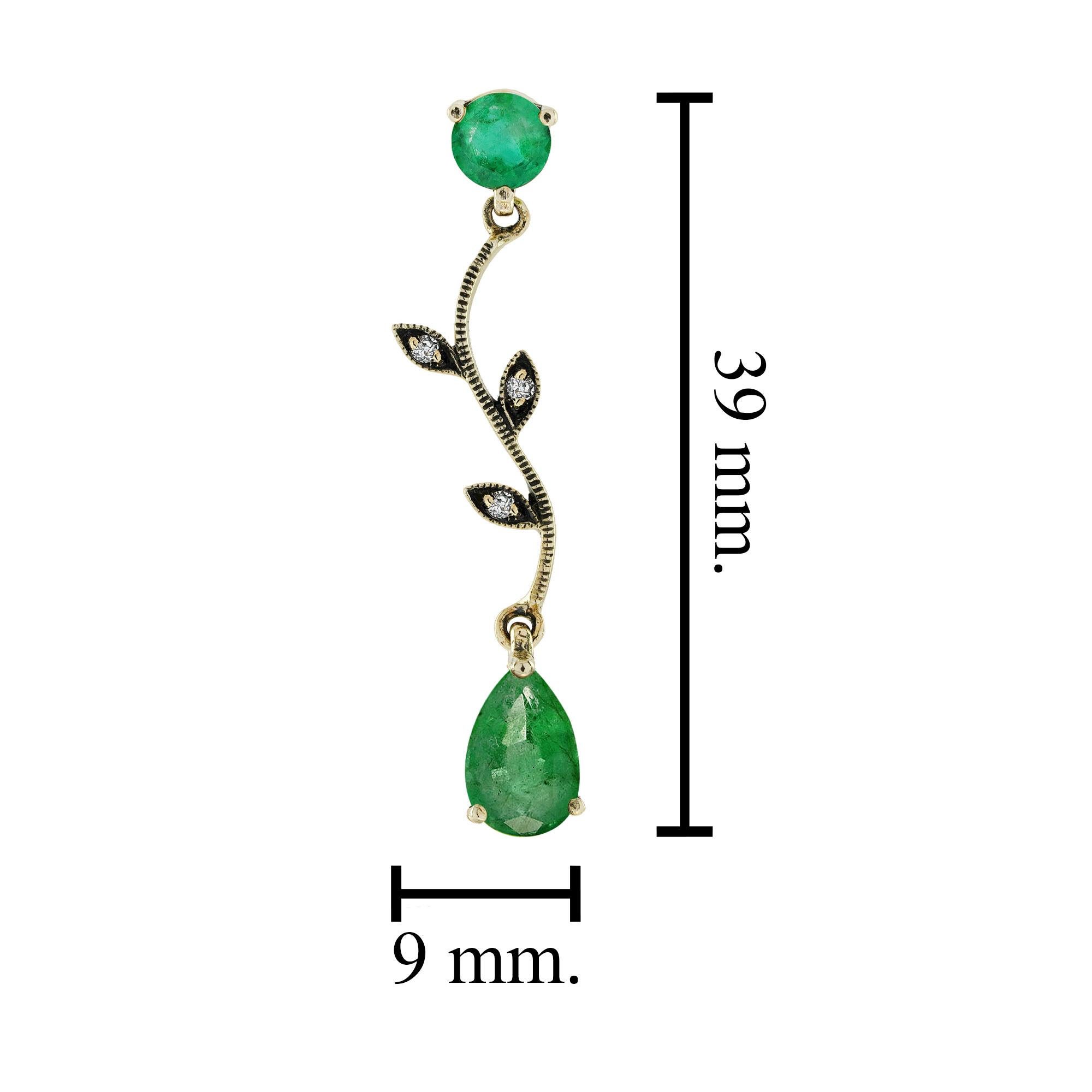 Smaragd und Diamant Vintage Style Tropfen Ohrringe in massivem 9K Gold im Zustand „Neu“ im Angebot in Bangkok, TH