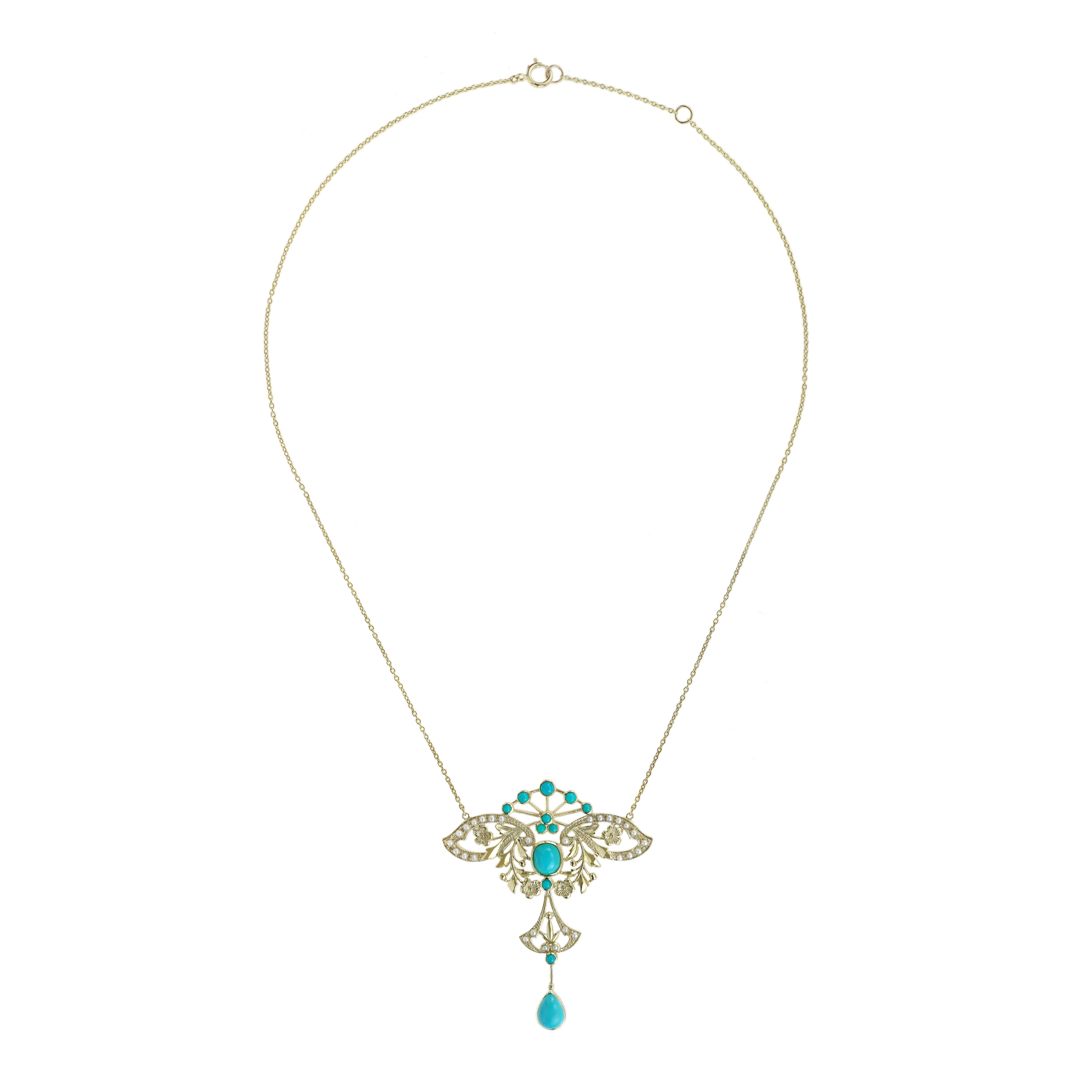 Türkis und Perle Vintage Style Floral Halskette in 9K Gelbgold