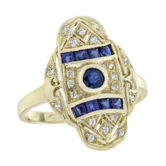Bague de cocktail en or jaune 9 carats, saphir bleu et diamant, style Art déco