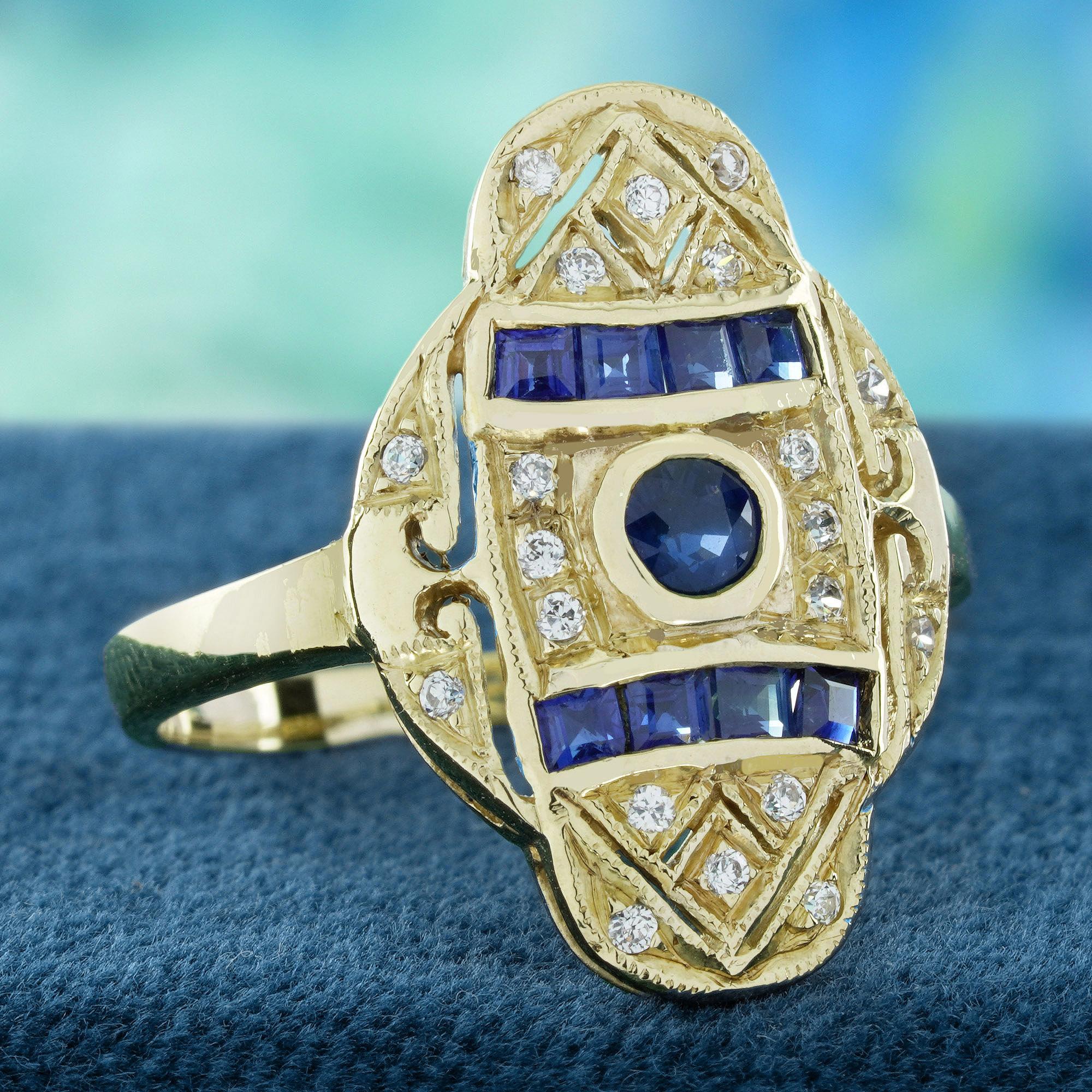 Taille ronde Bague de cocktail en or jaune 9 carats, saphir bleu et diamant, style Art déco en vente
