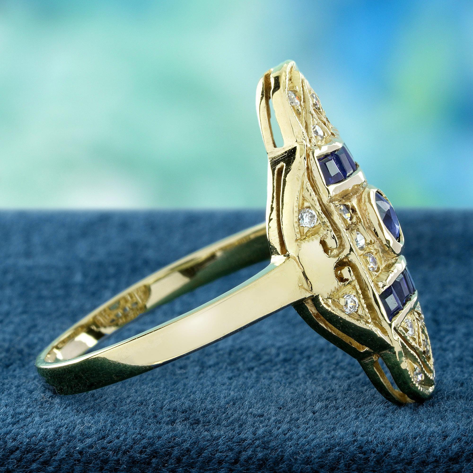 Bague de cocktail en or jaune 9 carats, saphir bleu et diamant, style Art déco Neuf - En vente à Bangkok, TH