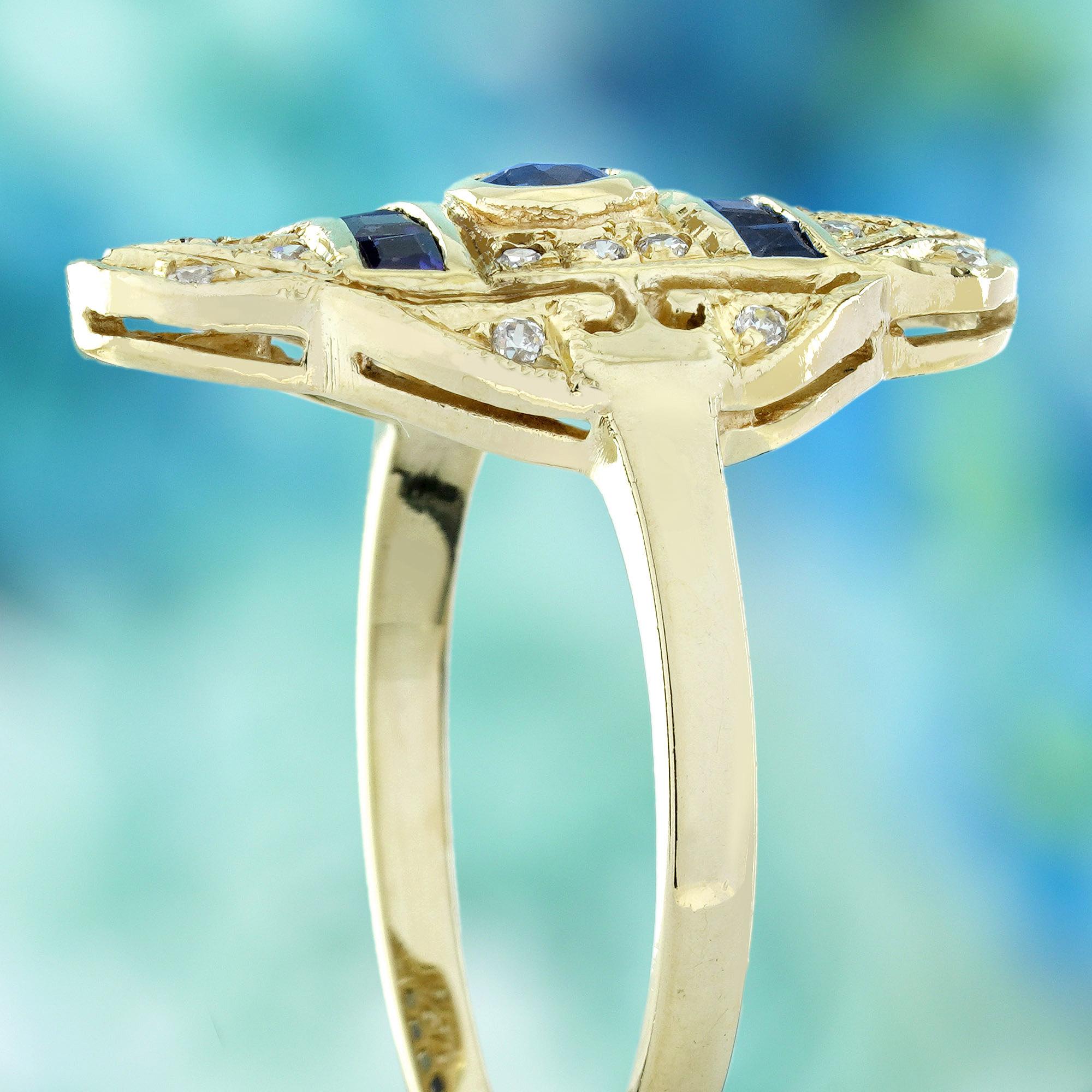 Bague de cocktail en or jaune 9 carats, saphir bleu et diamant, style Art déco en vente 1