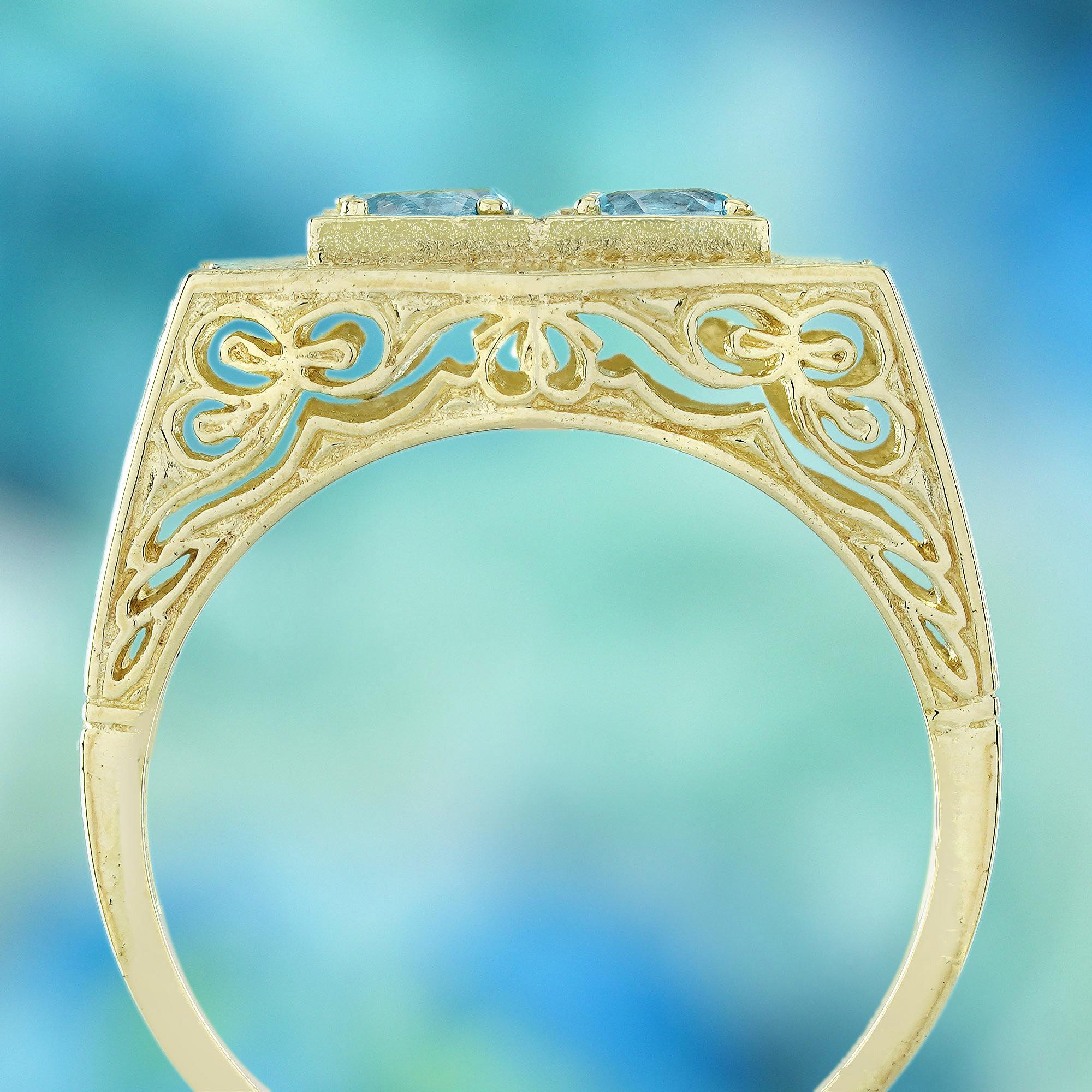 Bague à deux pierres en or jaune 9K massif, style vintage, avec topaze bleue Neuf - En vente à Bangkok, TH