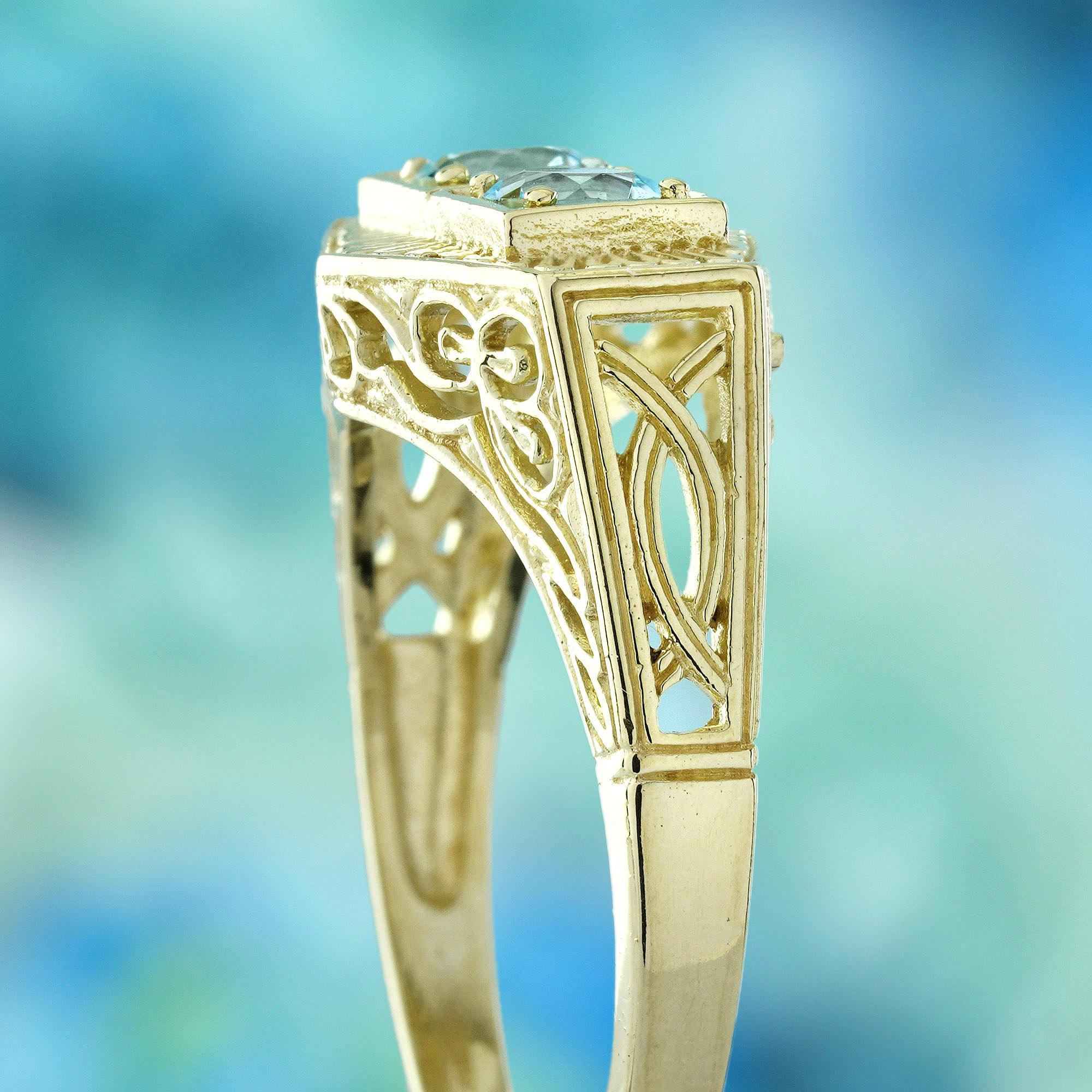 Bague à deux pierres en or jaune 9K massif, style vintage, avec topaze bleue Pour femmes en vente