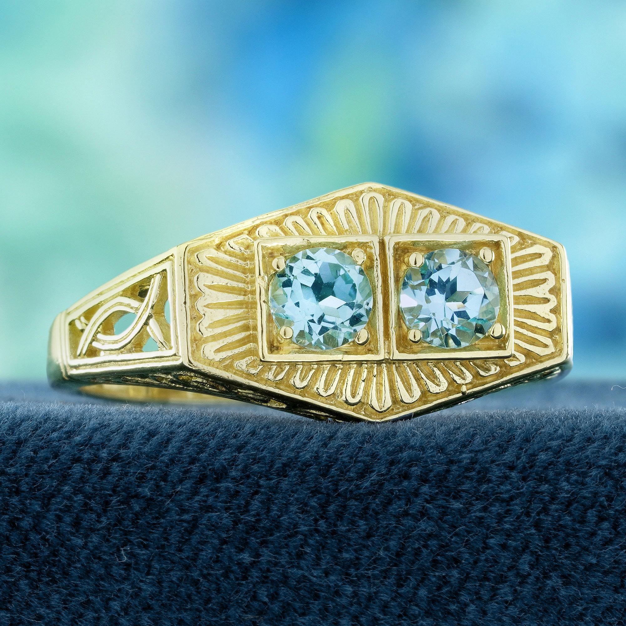 Édouardien Bague à deux pierres en or jaune 9K massif, style vintage, avec topaze bleue en vente