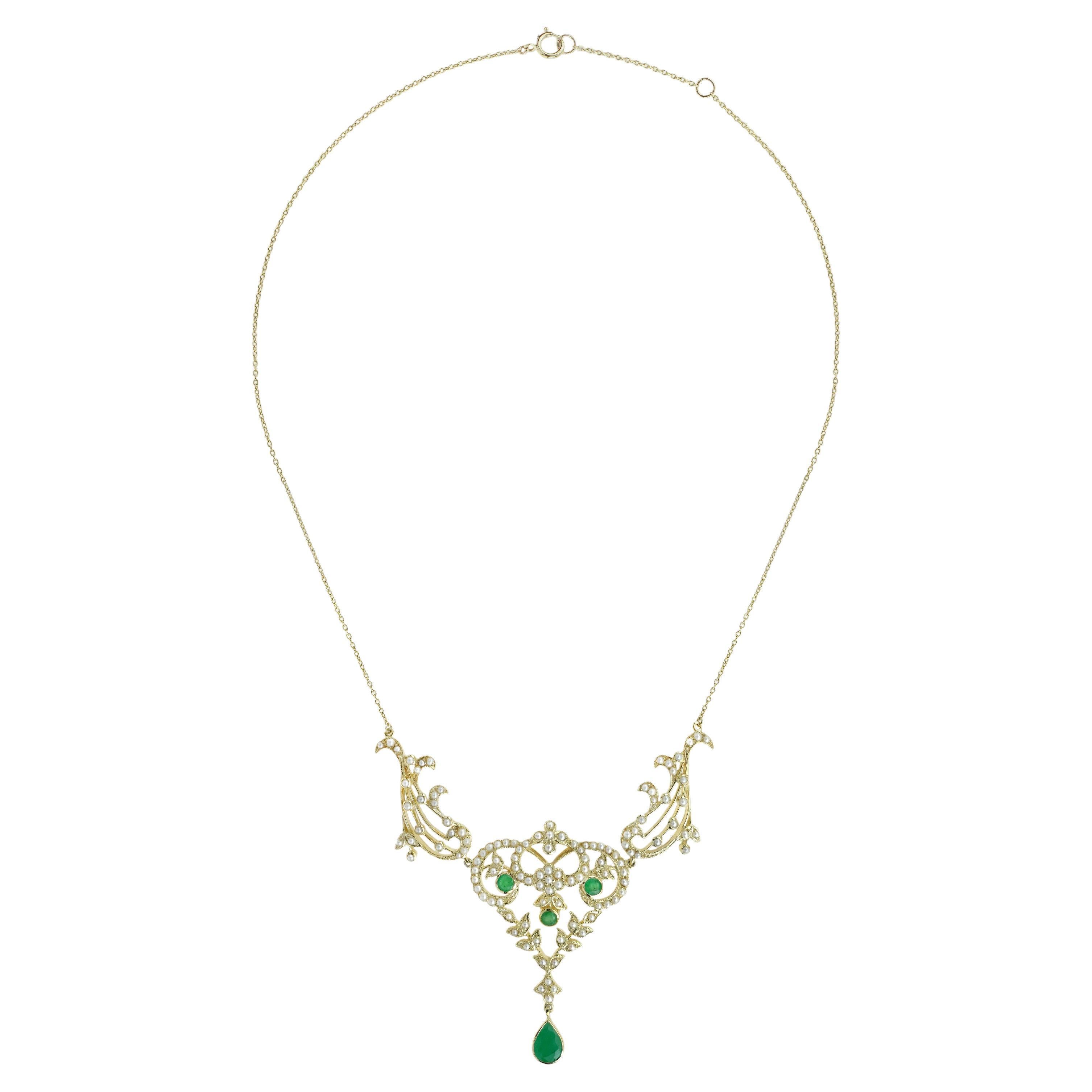 Collana floreale in stile vittoriano con smeraldi e perle  in oro giallo 14K in vendita