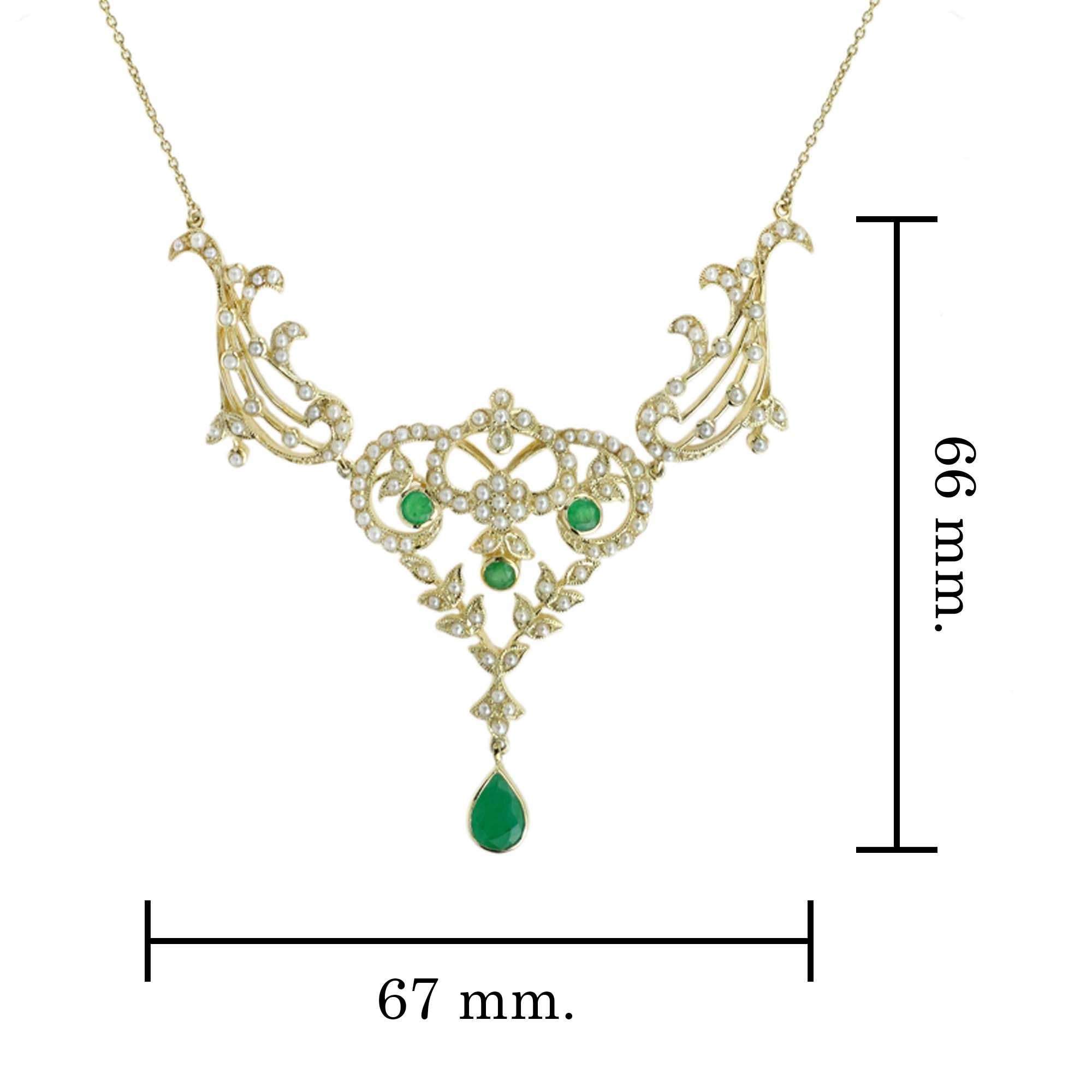 Donna Collana floreale in stile vittoriano con smeraldi e perle  in oro giallo 14K in vendita