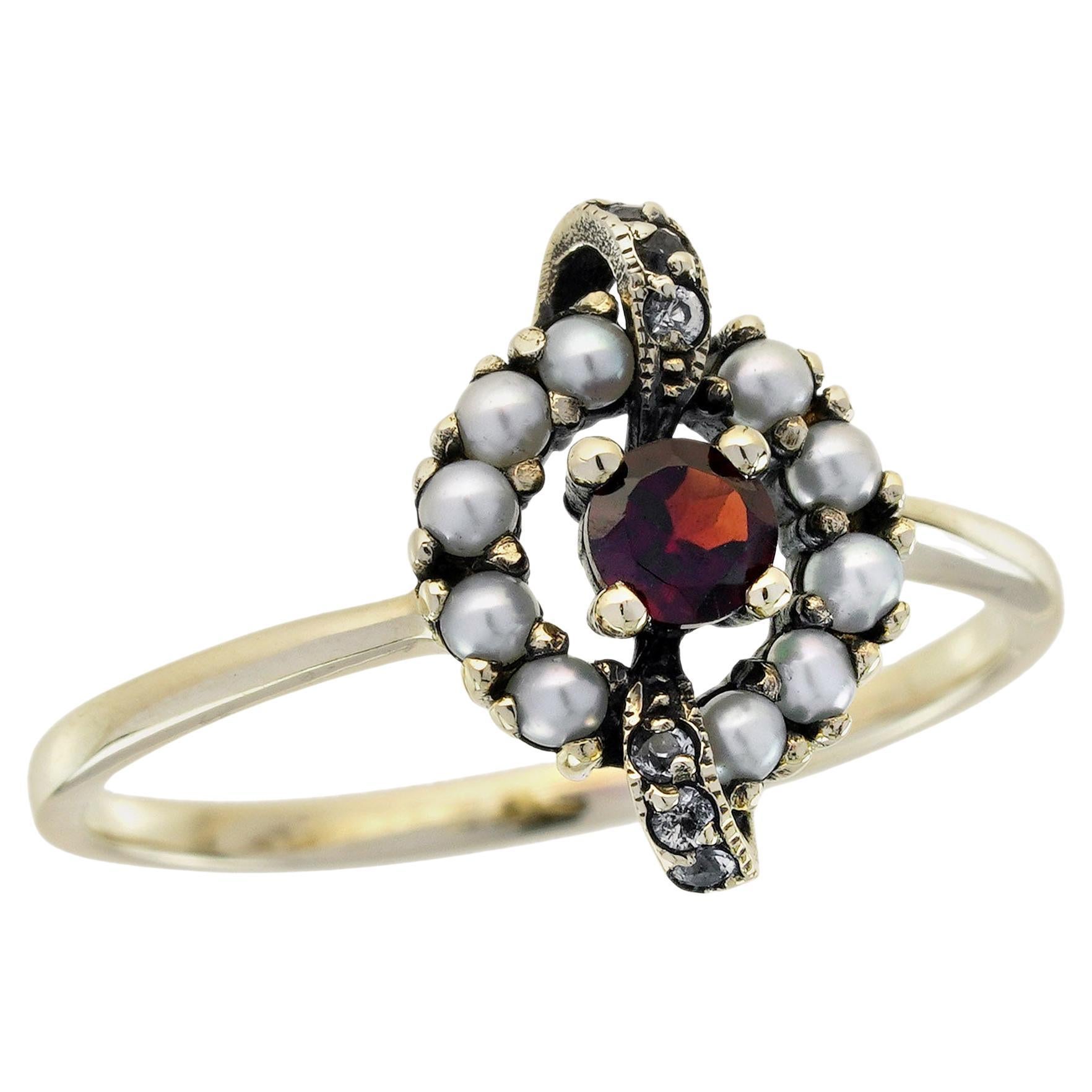 Anello in oro giallo 9K con perla di granato naturale e topazio bianco in stile vintage