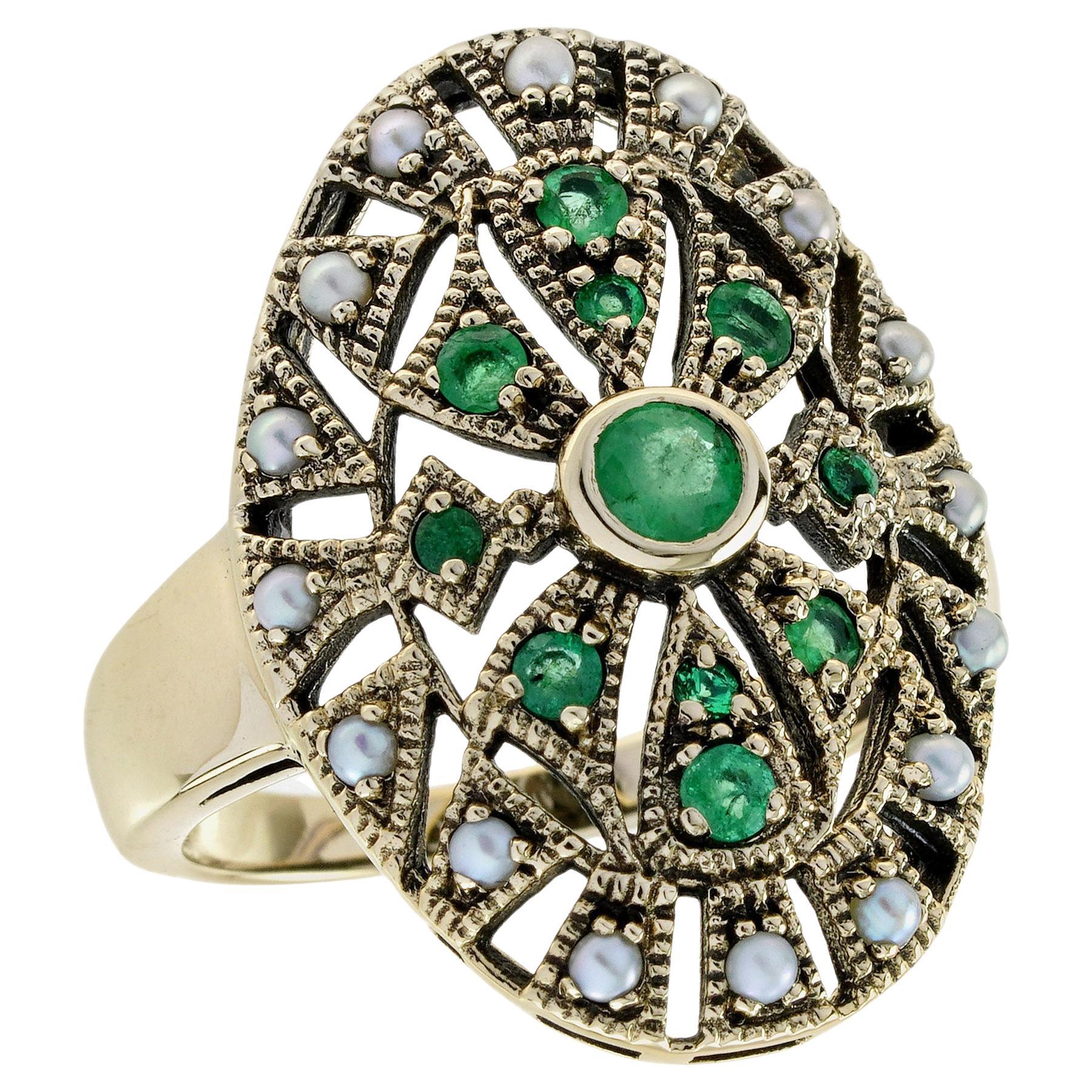 Bague de cocktail en or jaune 9K, émeraude naturelle et perle, style vintage