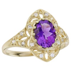Bague de cocktail en or jaune 9K, améthyste naturelle et diamant, style vintage