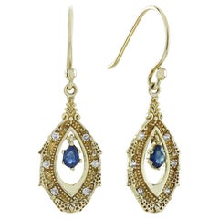 Boucles d'oreilles pendantes en or 9K avec saphir bleu naturel et diamant, style vintage