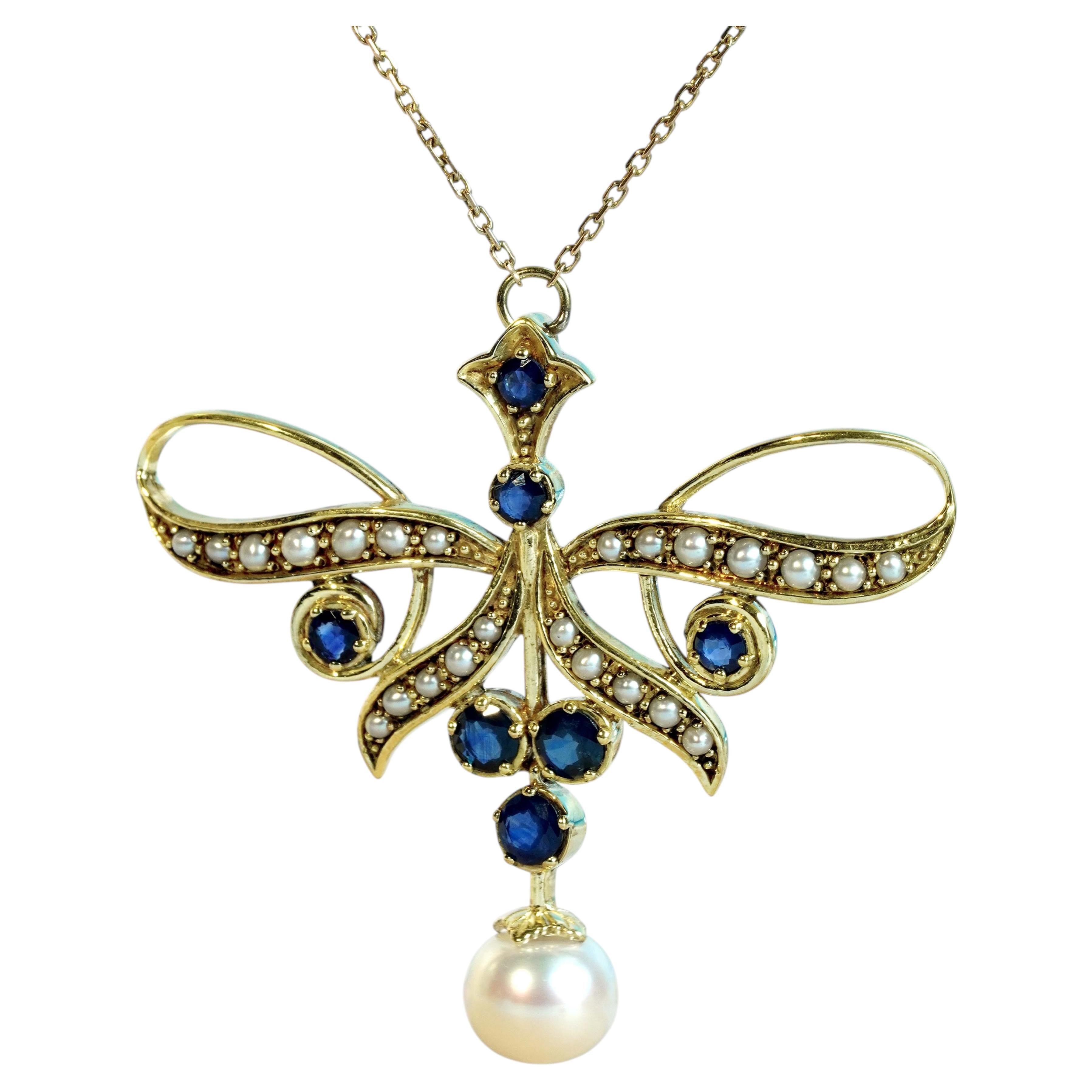 Pearl Drop Sapphire Ribbon Motif Pendant Necklace in Solid 9K Yellow Gold