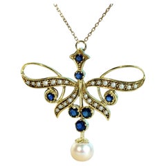 Pearl Drop Sapphire Ribbon Motif Pendant Necklace in Solid 9K Yellow Gold