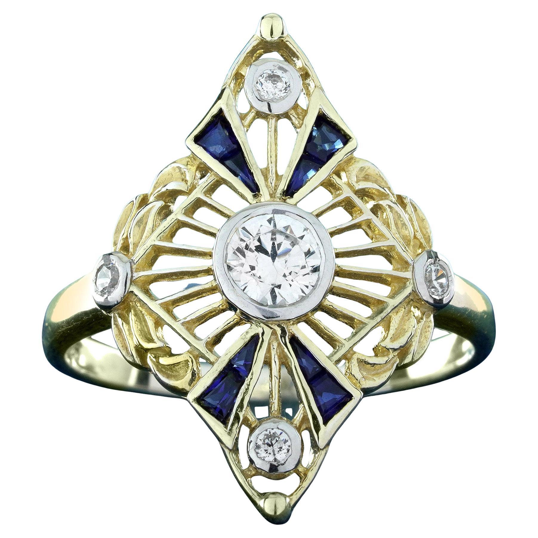 Bague en or jaune 14K à diamant et saphir bleu de style vintage