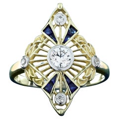 14K Gelbgold Diamant und blauer Saphir Vintage Style Ring